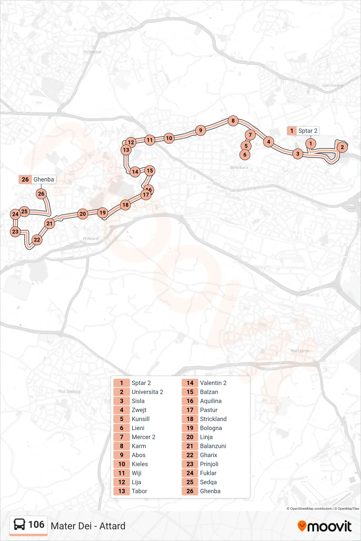 Linea 106 bus (Attard) - Percorsi e fermate sulla mappa