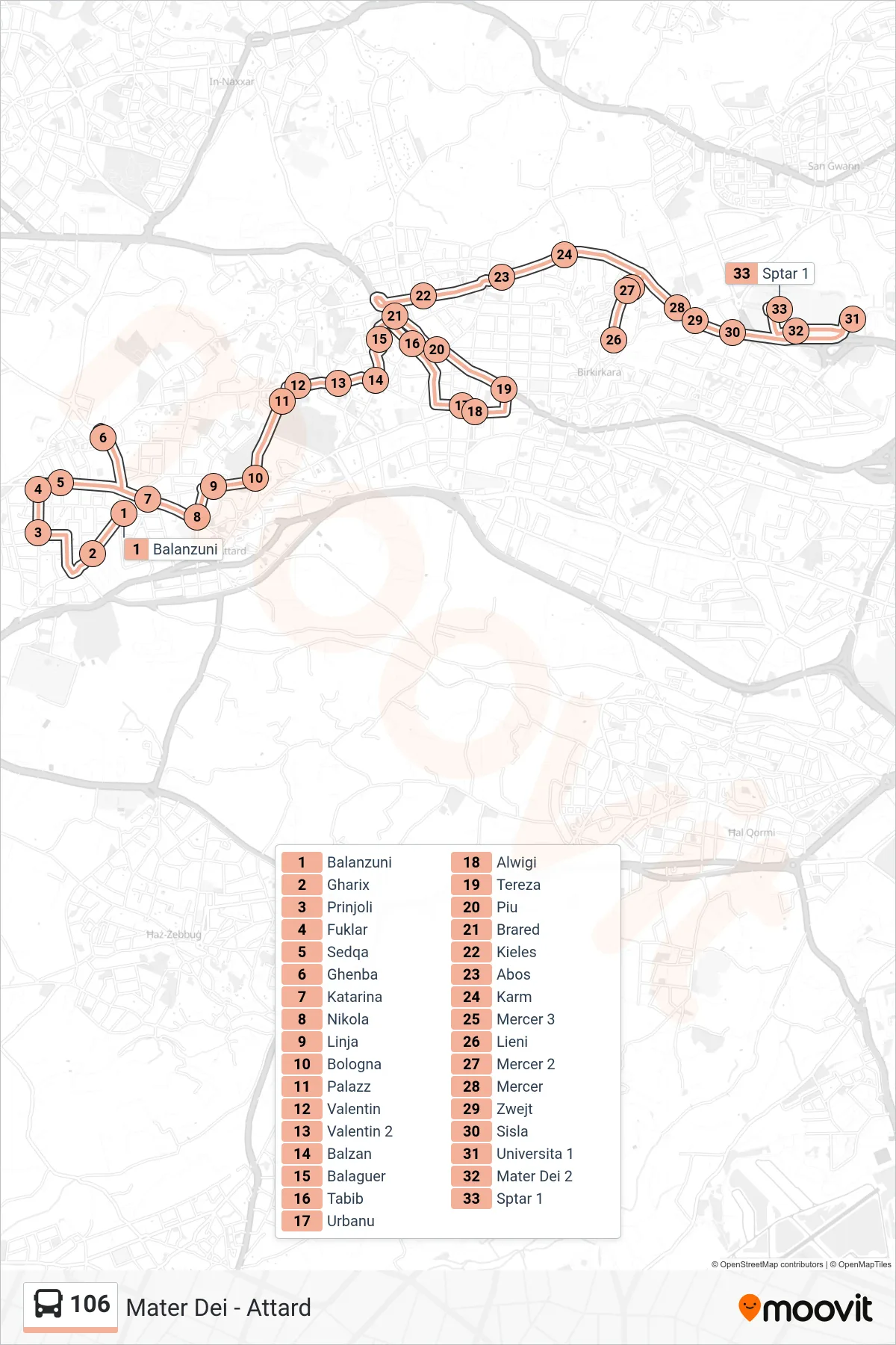 Linea 106 bus (Attard Blanzuni - Mater Dei) - Percorsi e fermate sulla mappa
