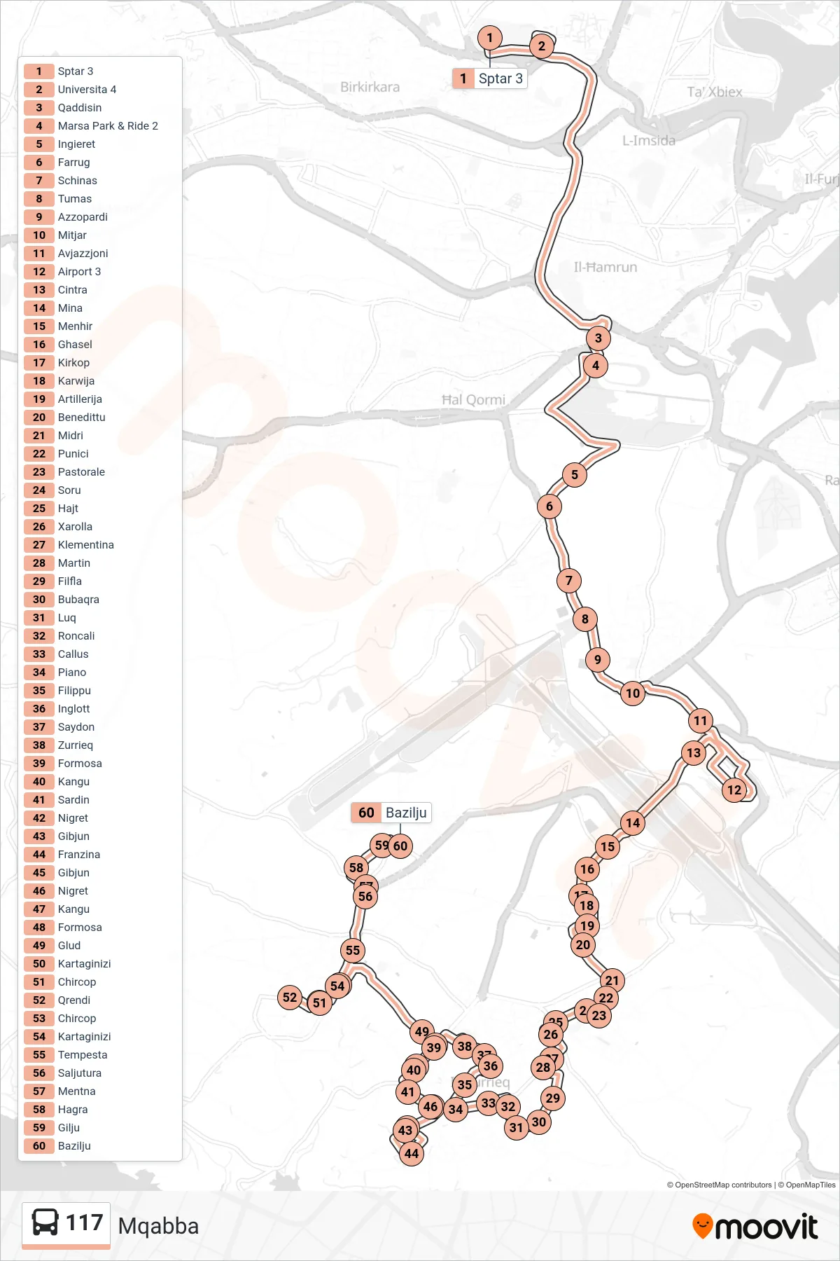 Linea 117 bus (Mqabba) - Percorsi e fermate sulla mappa