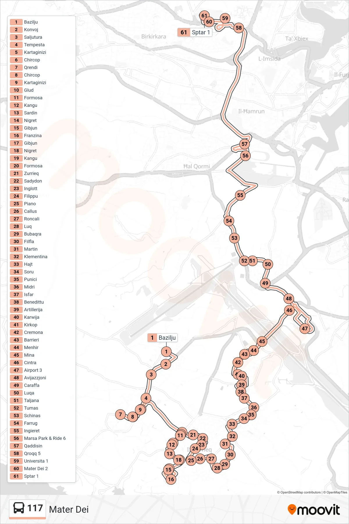 Linea 117  bus (Mater Dei) - Percorsi e fermate sulla mappa