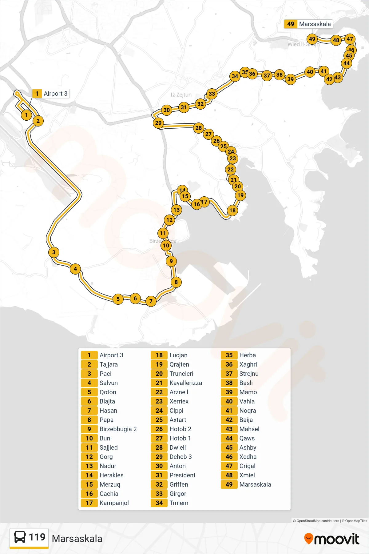 Linea 119 bus (Marsaskala) - Percorsi e fermate sulla mappa