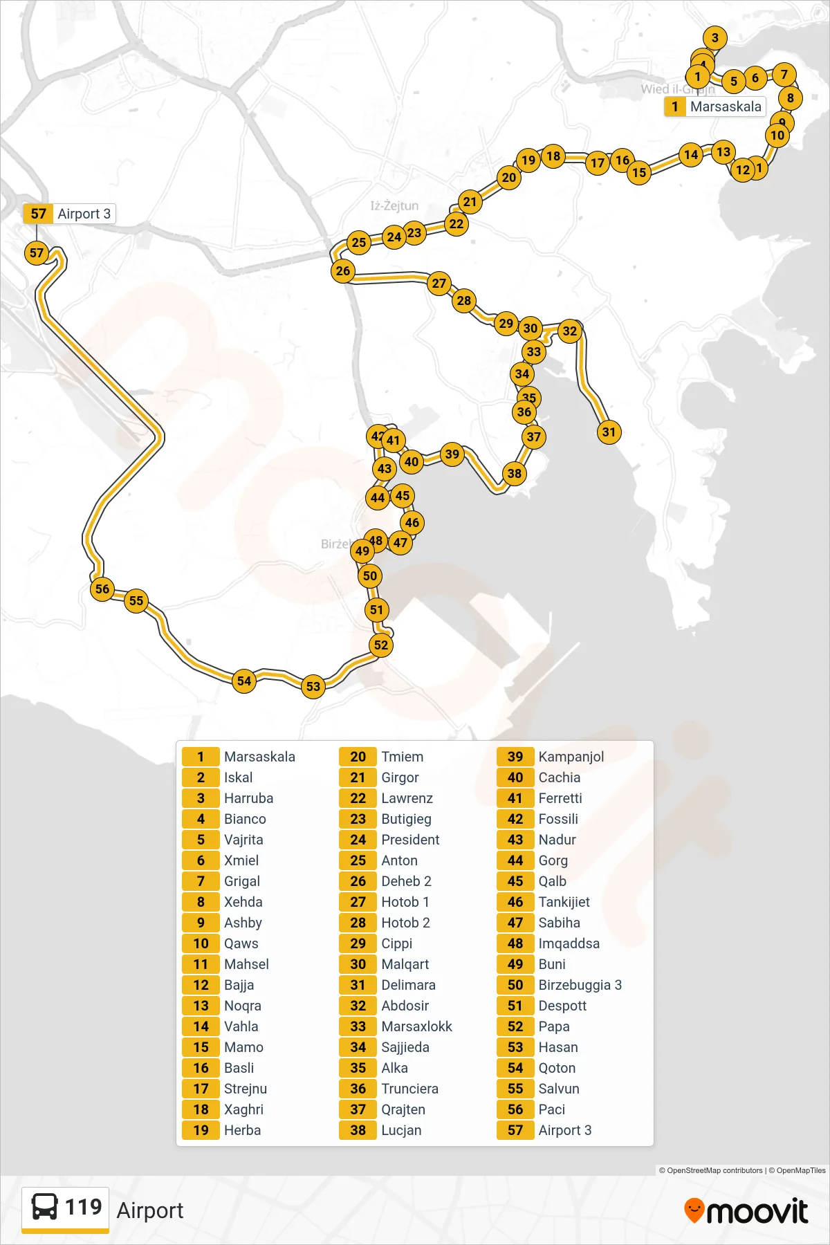Linea 119 bus (Airport) - Percorsi e fermate sulla mappa