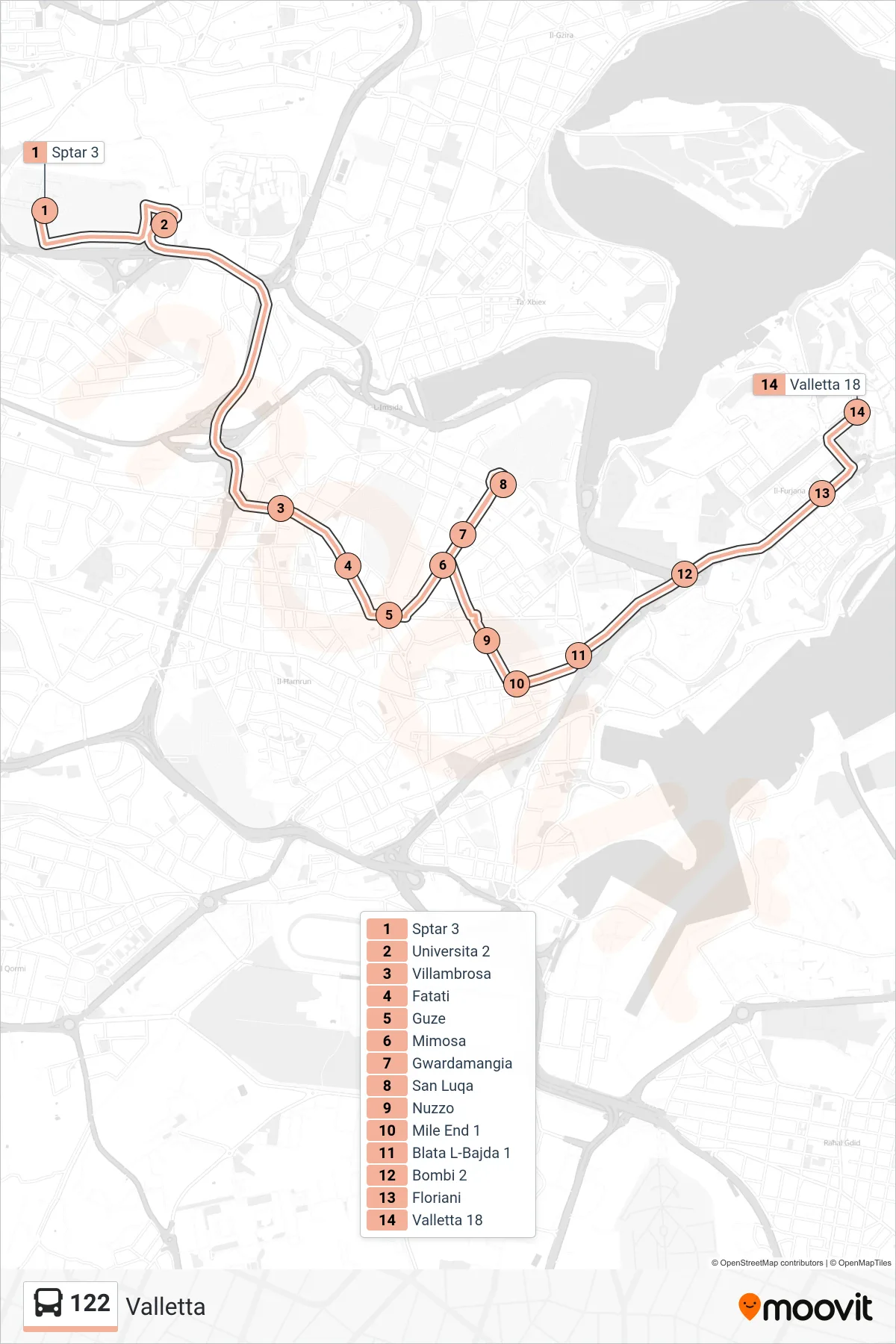 Linea 122 bus (Valletta) - Percorsi e fermate sulla mappa