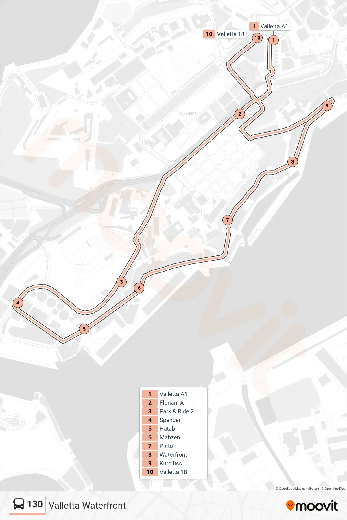 Linea 130 bus (Valletta Waterfront) - Percorsi e fermate sulla mappa