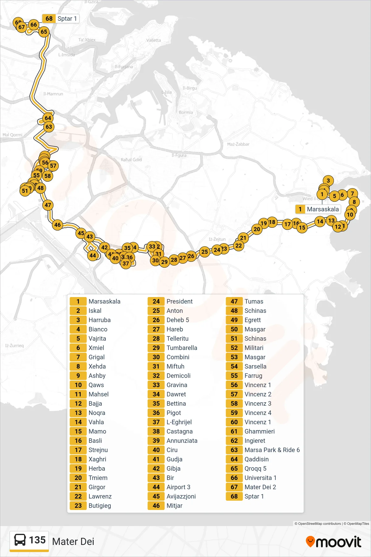 Linea 135 bus (Mater Dei) - Percorsi e fermate sulla mappa