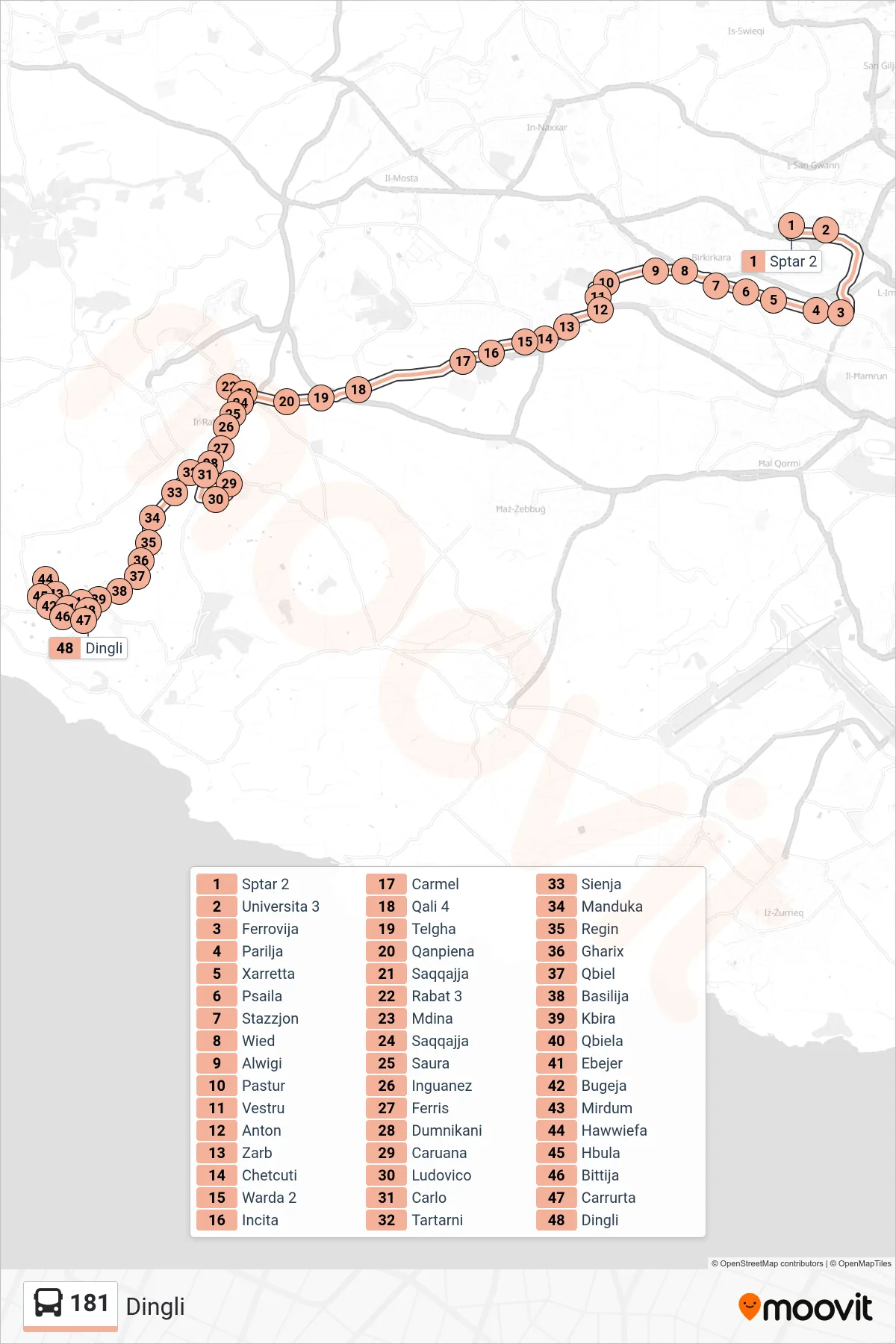 Linea 181 bus (Dingli) - Percorsi e fermate sulla mappa