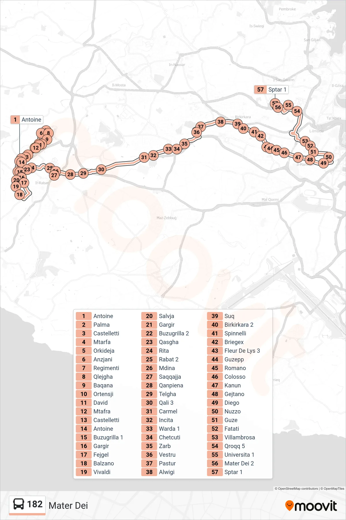 Linea 182  bus (Mater Dei) - Percorsi e fermate sulla mappa