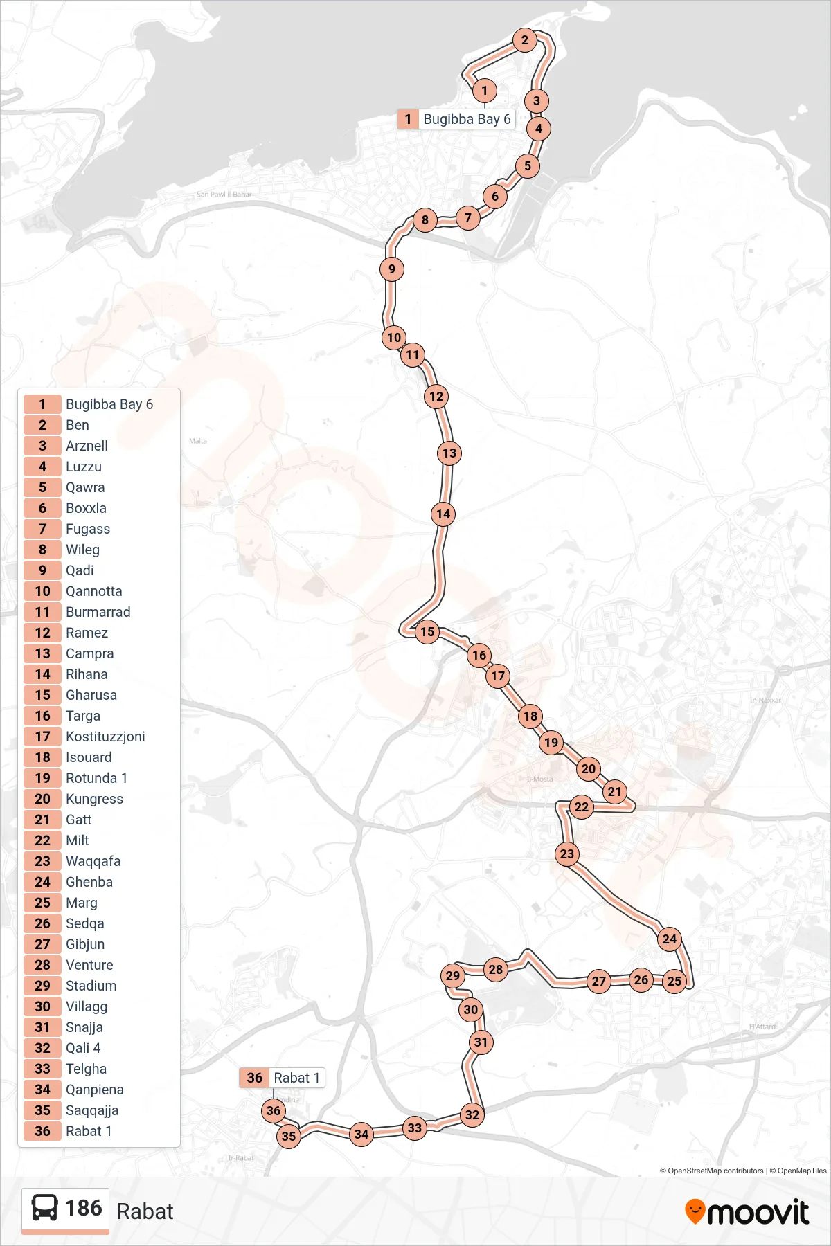 Linea 186  bus (Rabat) - Percorsi e fermate sulla mappa