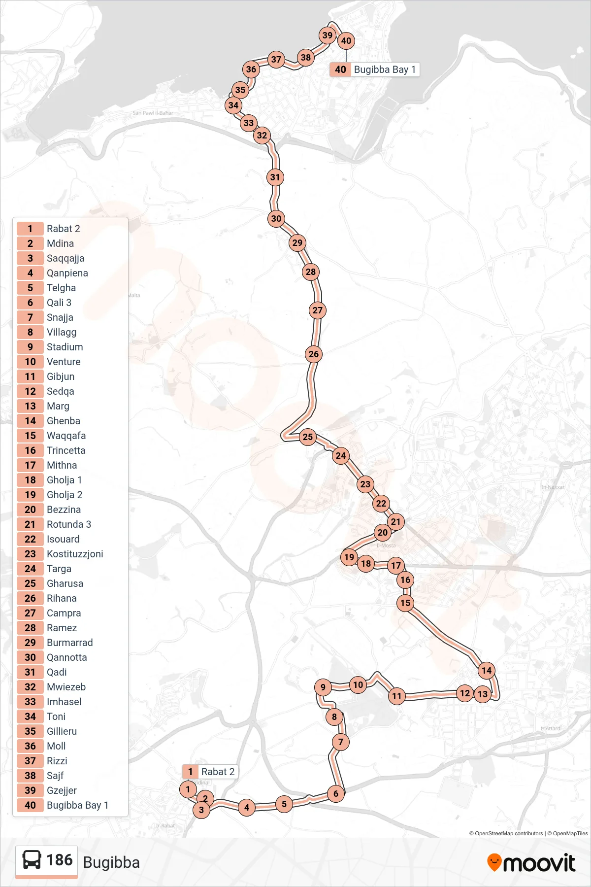 Linea 186 bus (Bugibba) - Percorsi e fermate sulla mappa