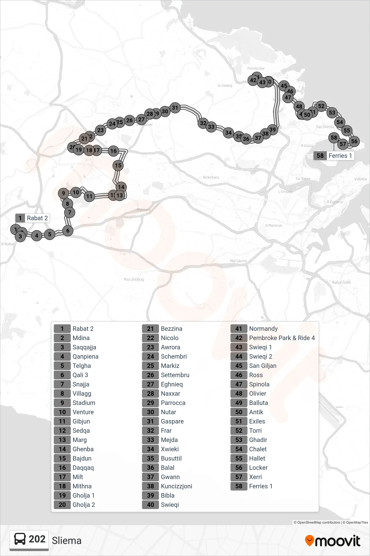 Linea 202 bus (Sliema) - Percorsi e fermate sulla mappa