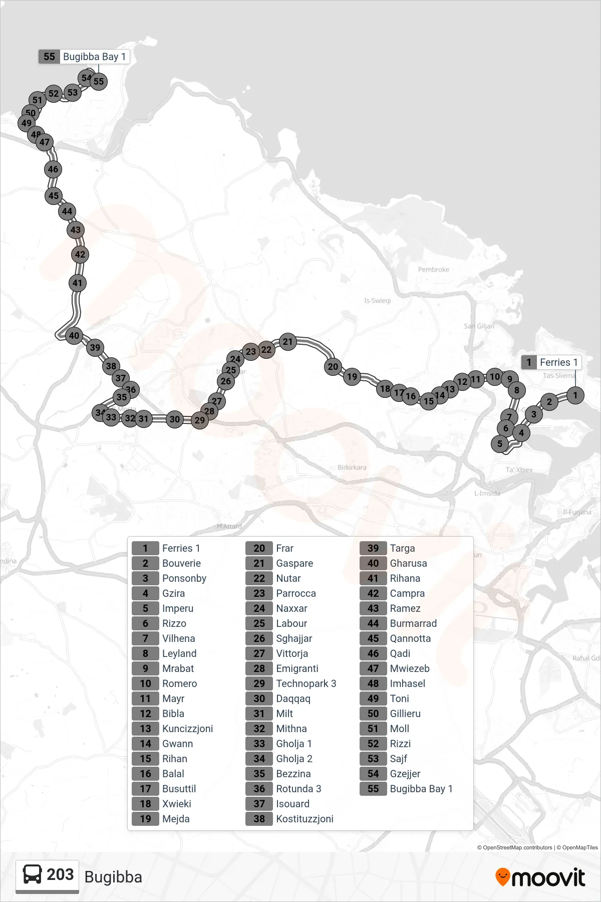 Linea 203 bus (Bugibba) - Percorsi e fermate sulla mappa