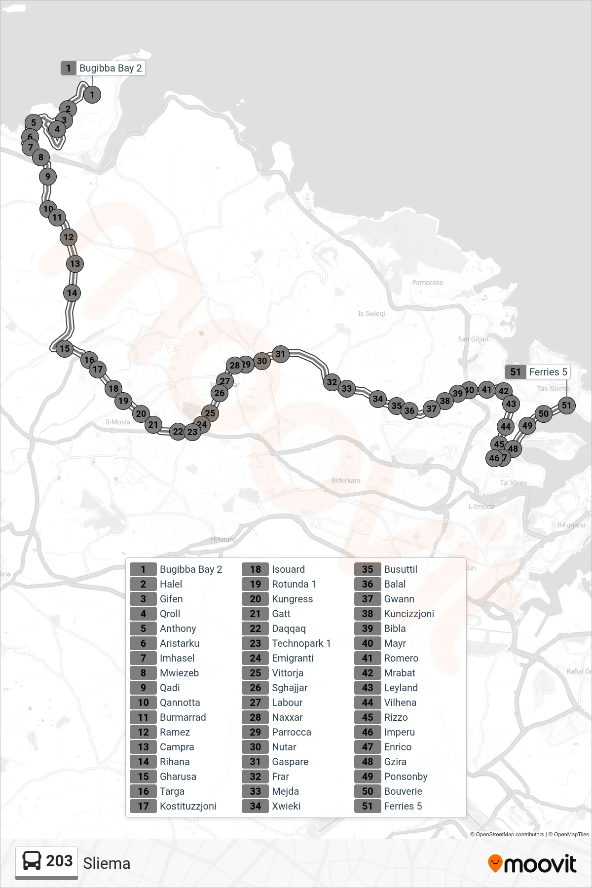Linea 203 bus (Sliema) - Percorsi e fermate sulla mappa