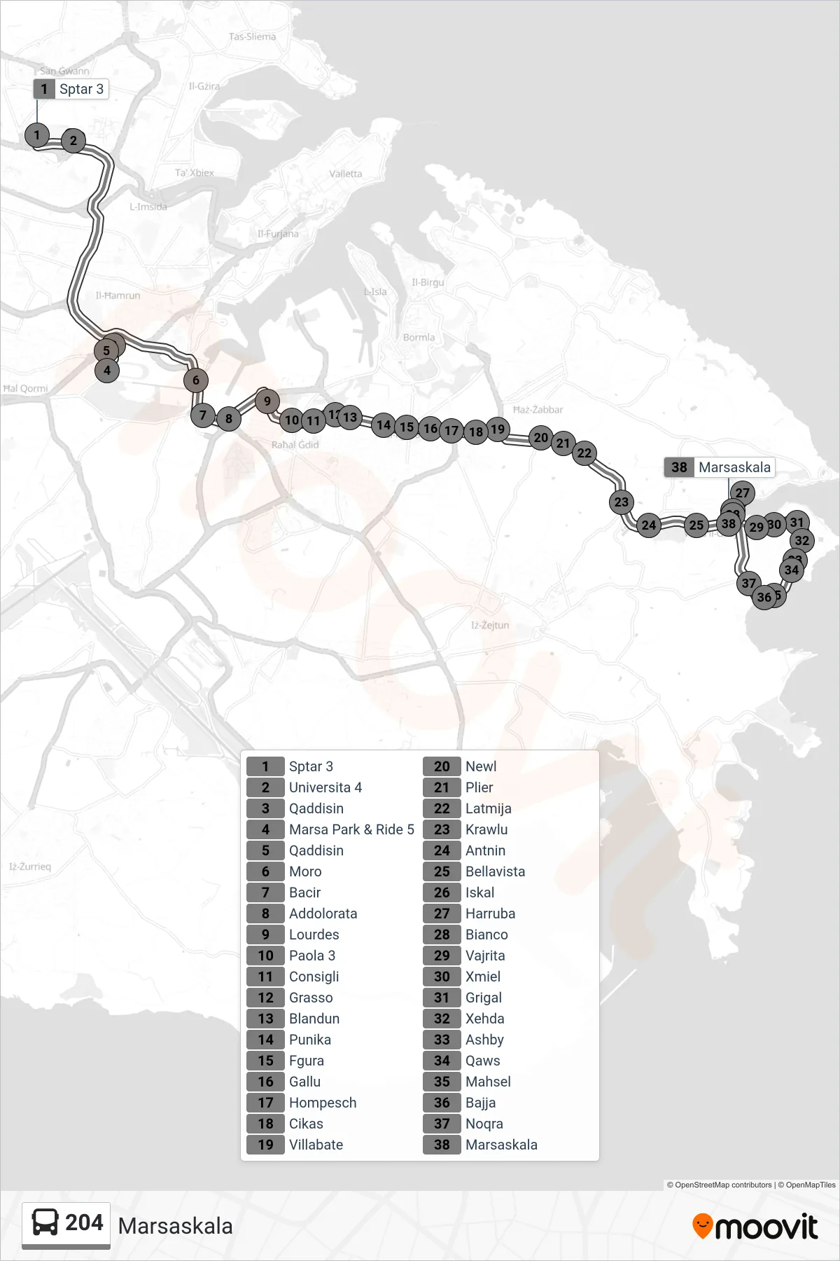 Linea 204 bus (Marsaskala) - Percorsi e fermate sulla mappa