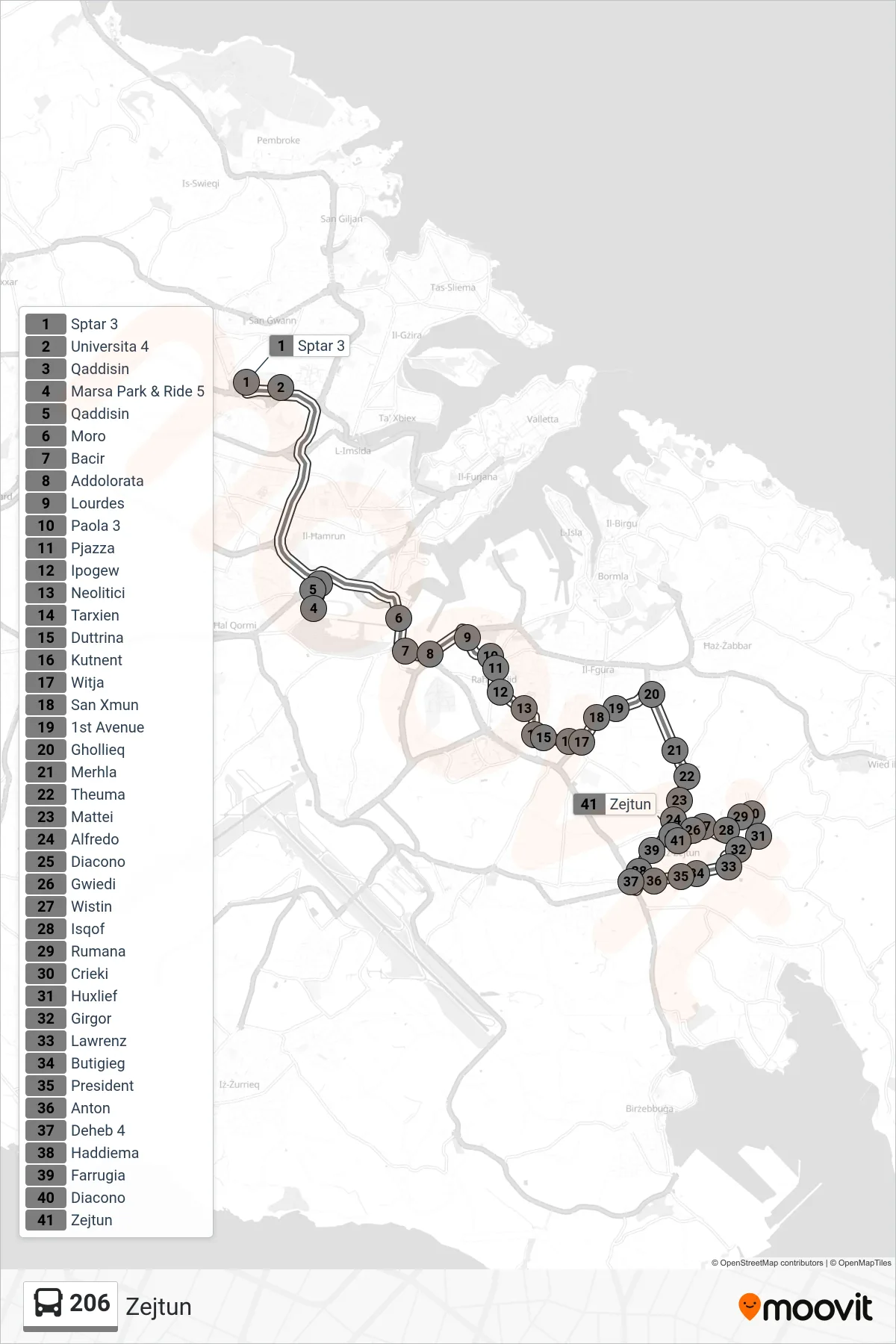 Linea 206 bus (Zejtun) - Percorsi e fermate sulla mappa
