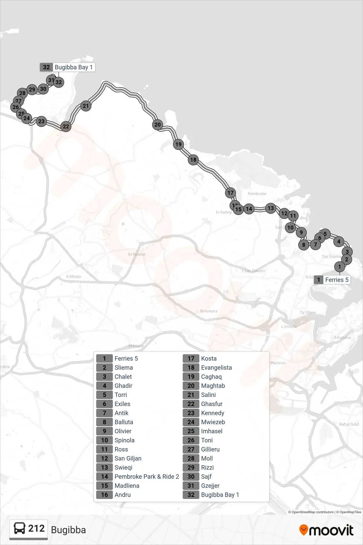 Linea 212  bus (Bugibba) - Percorsi e fermate sulla mappa