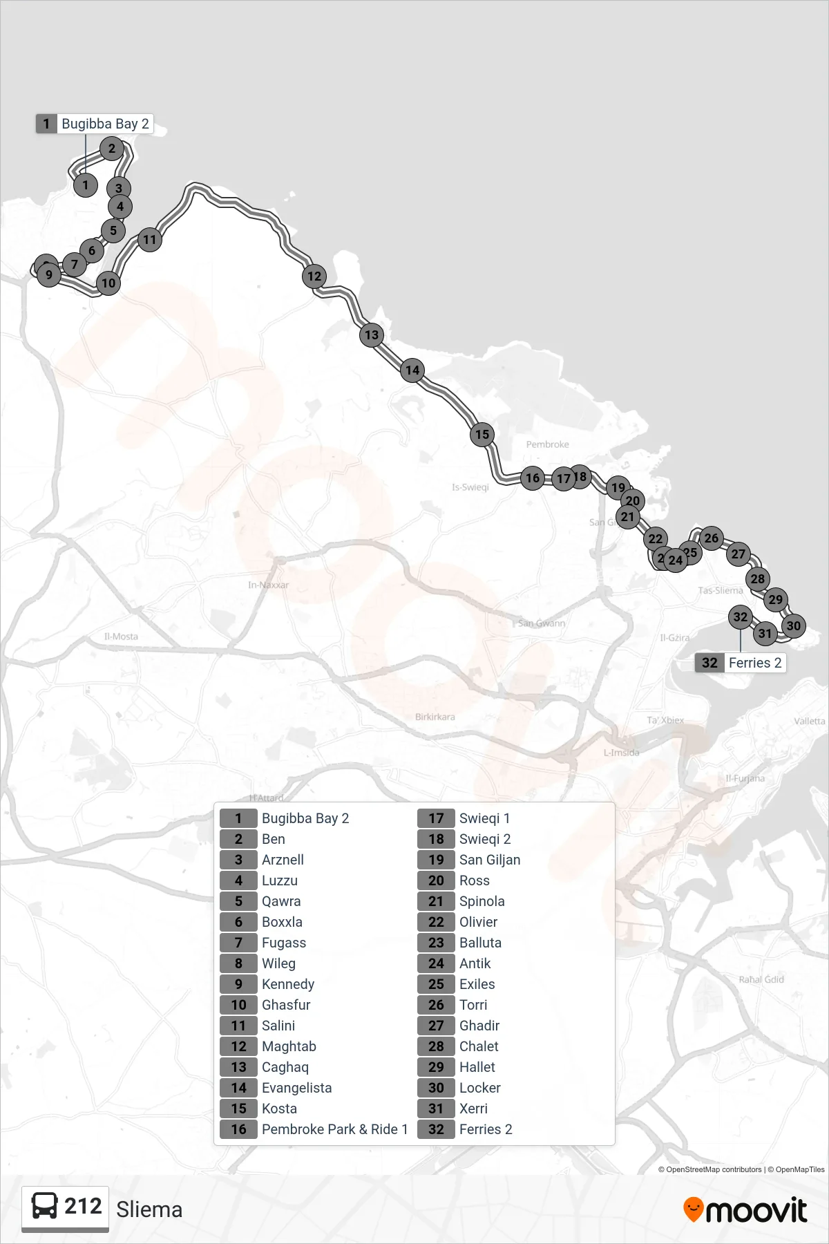 Linea 212 bus (Sliema) - Percorsi e fermate sulla mappa