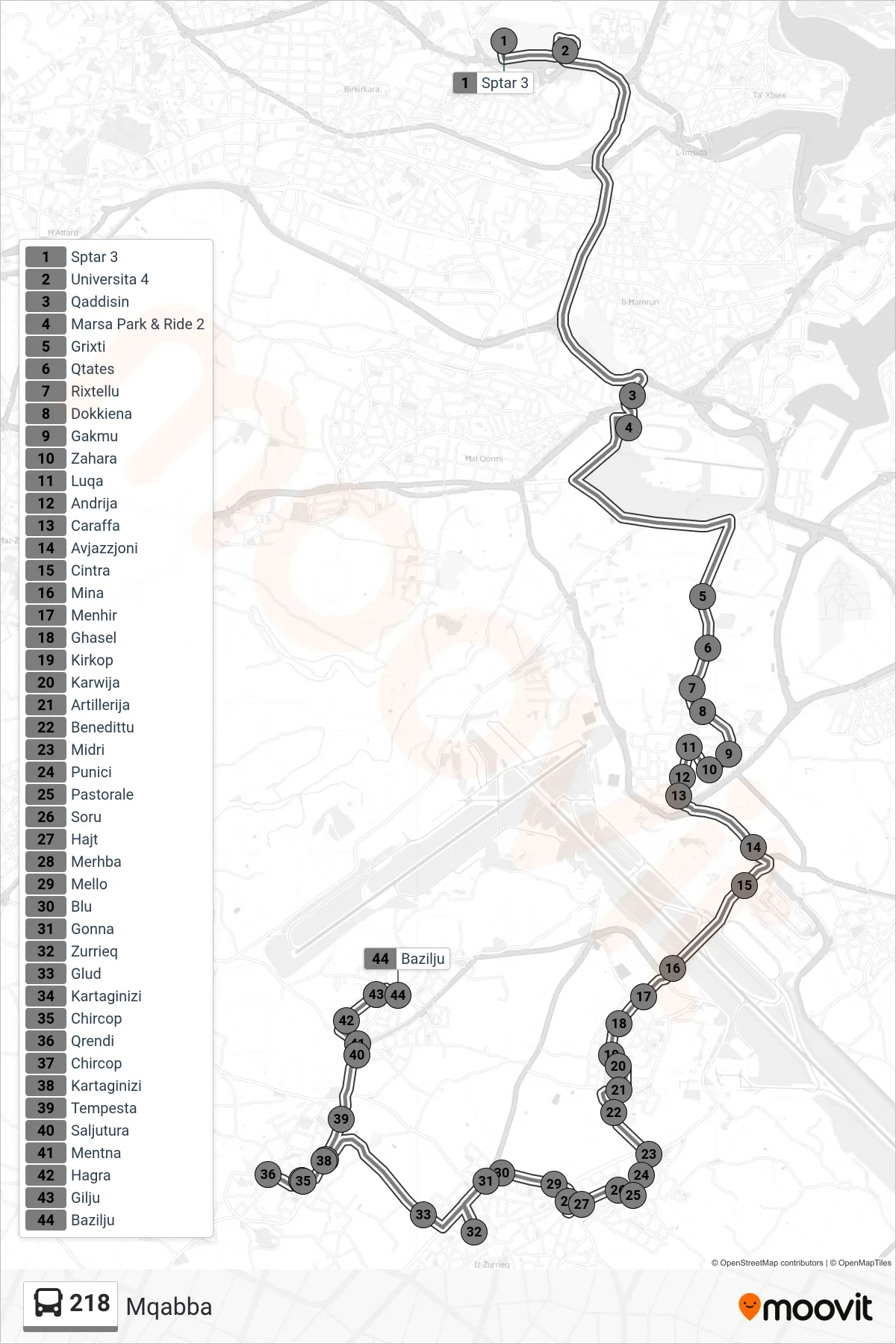 Linea 218 bus (Mqabba) - Percorsi e fermate sulla mappa
