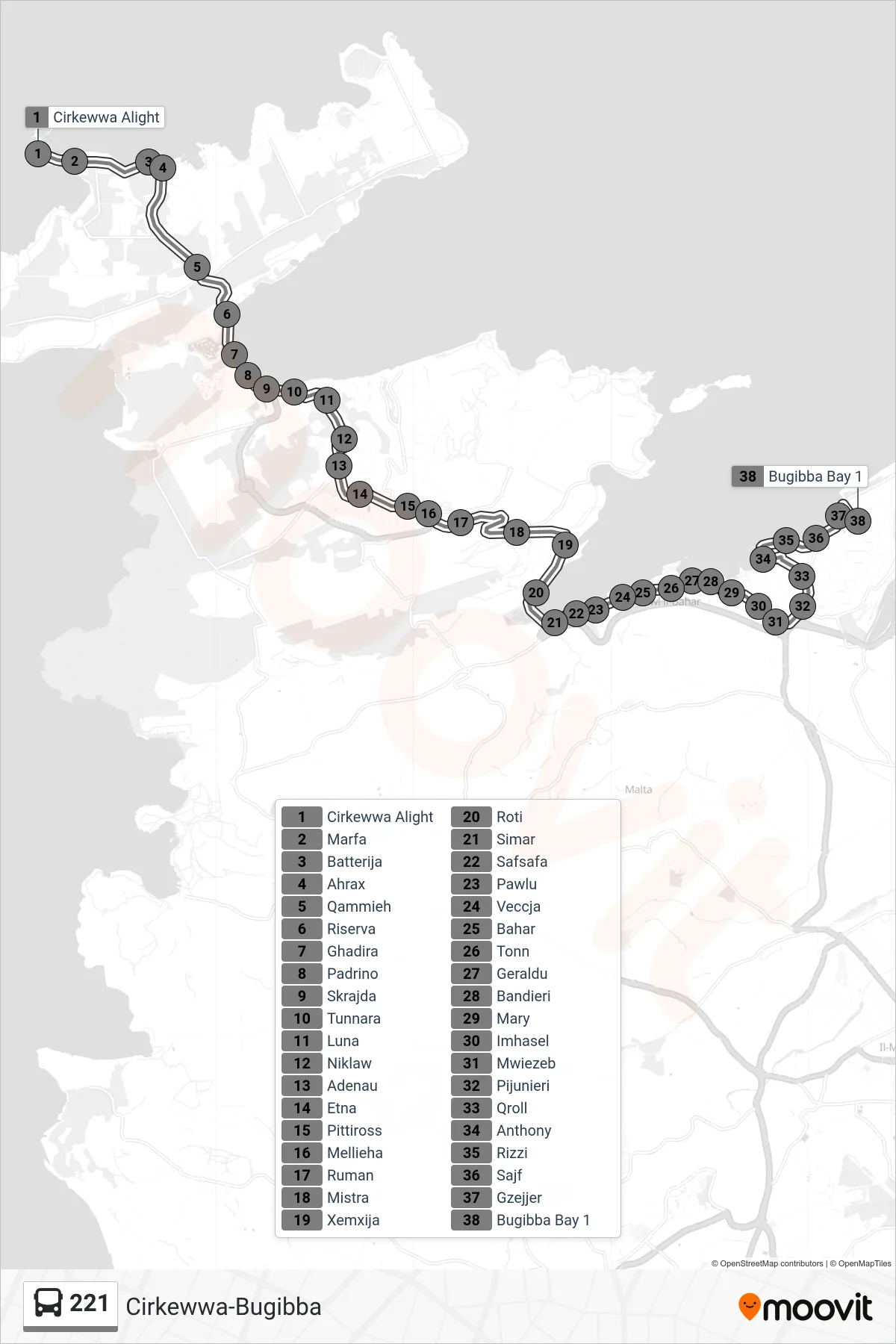 Linea 221 bus (Bugibba) - Percorsi e fermate sulla mappa