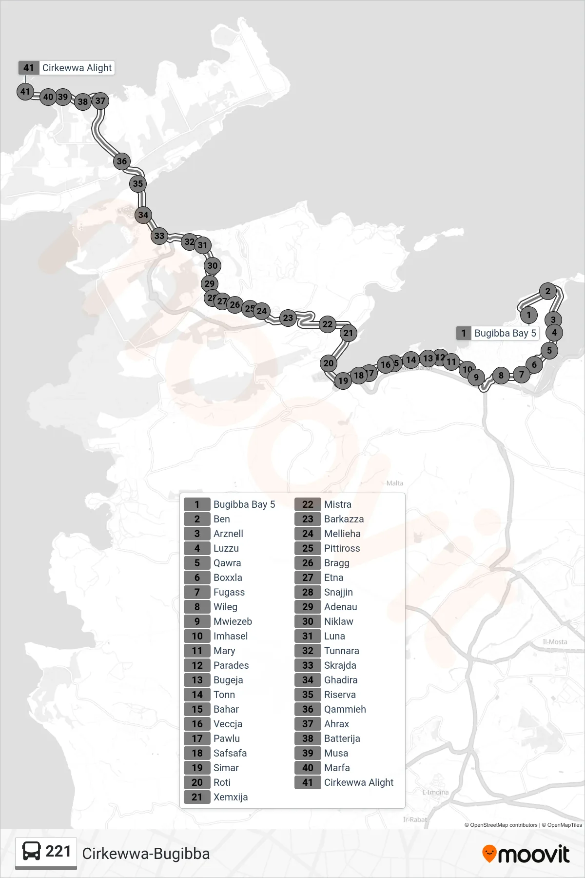 Linea 221 bus (Cirkewwa) - Percorsi e fermate sulla mappa