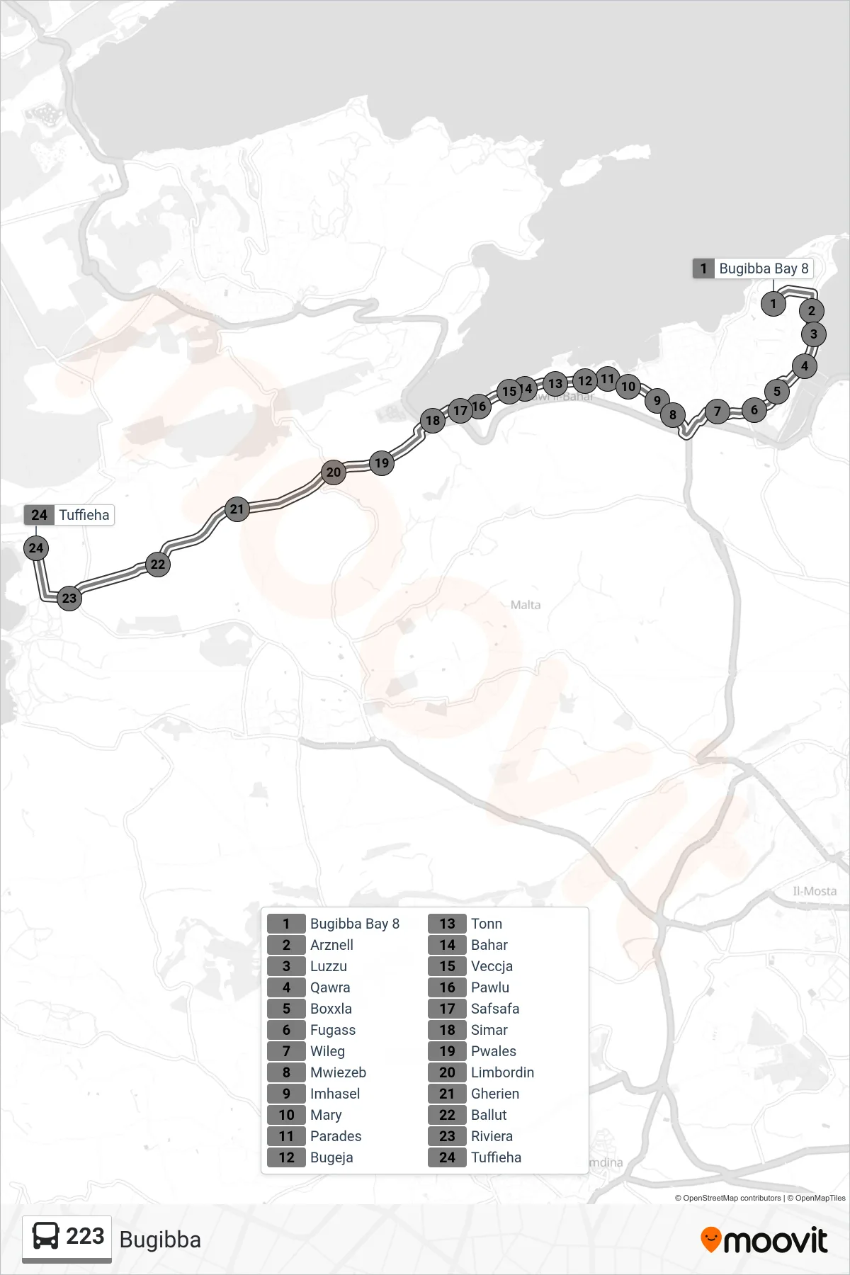 Linea 223  bus (Bugibba) - Percorsi e fermate sulla mappa