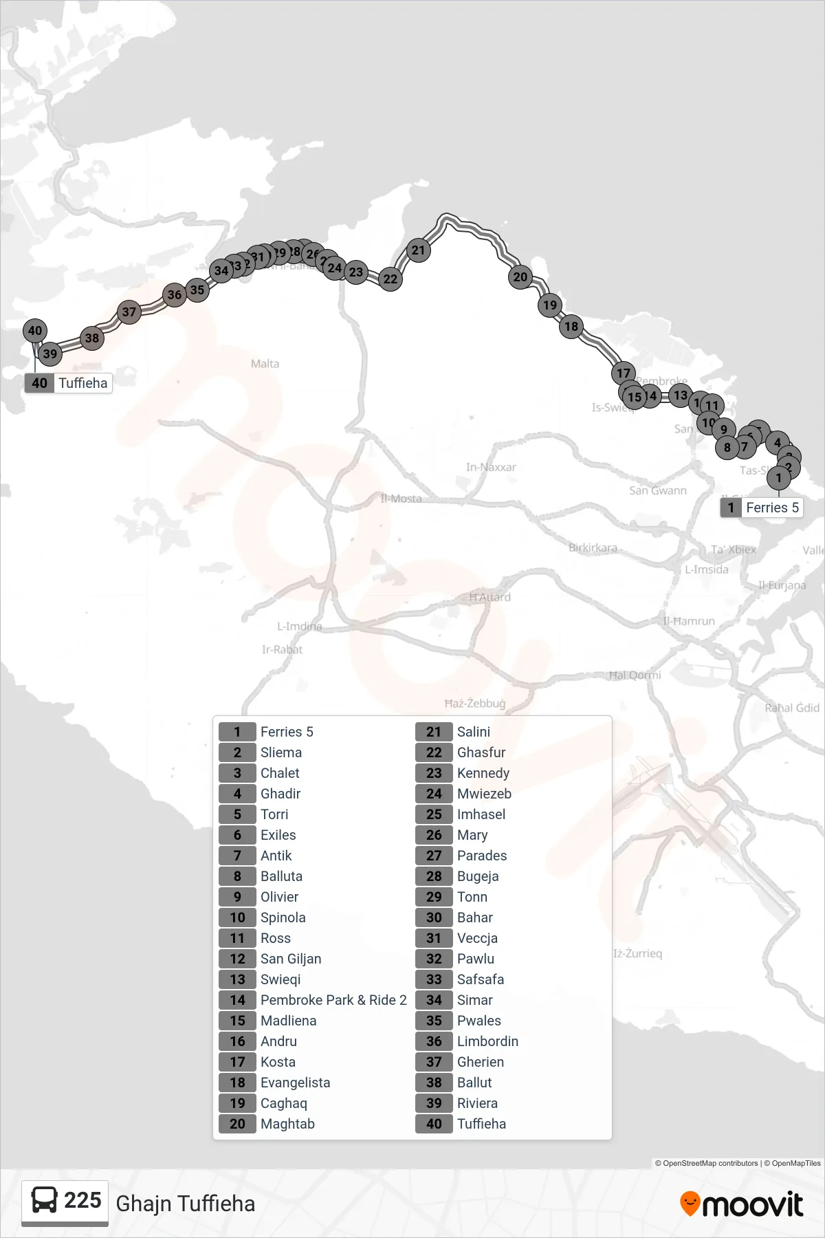 Linea 225  bus (Ghajn Tuffieha) - Percorsi e fermate sulla mappa