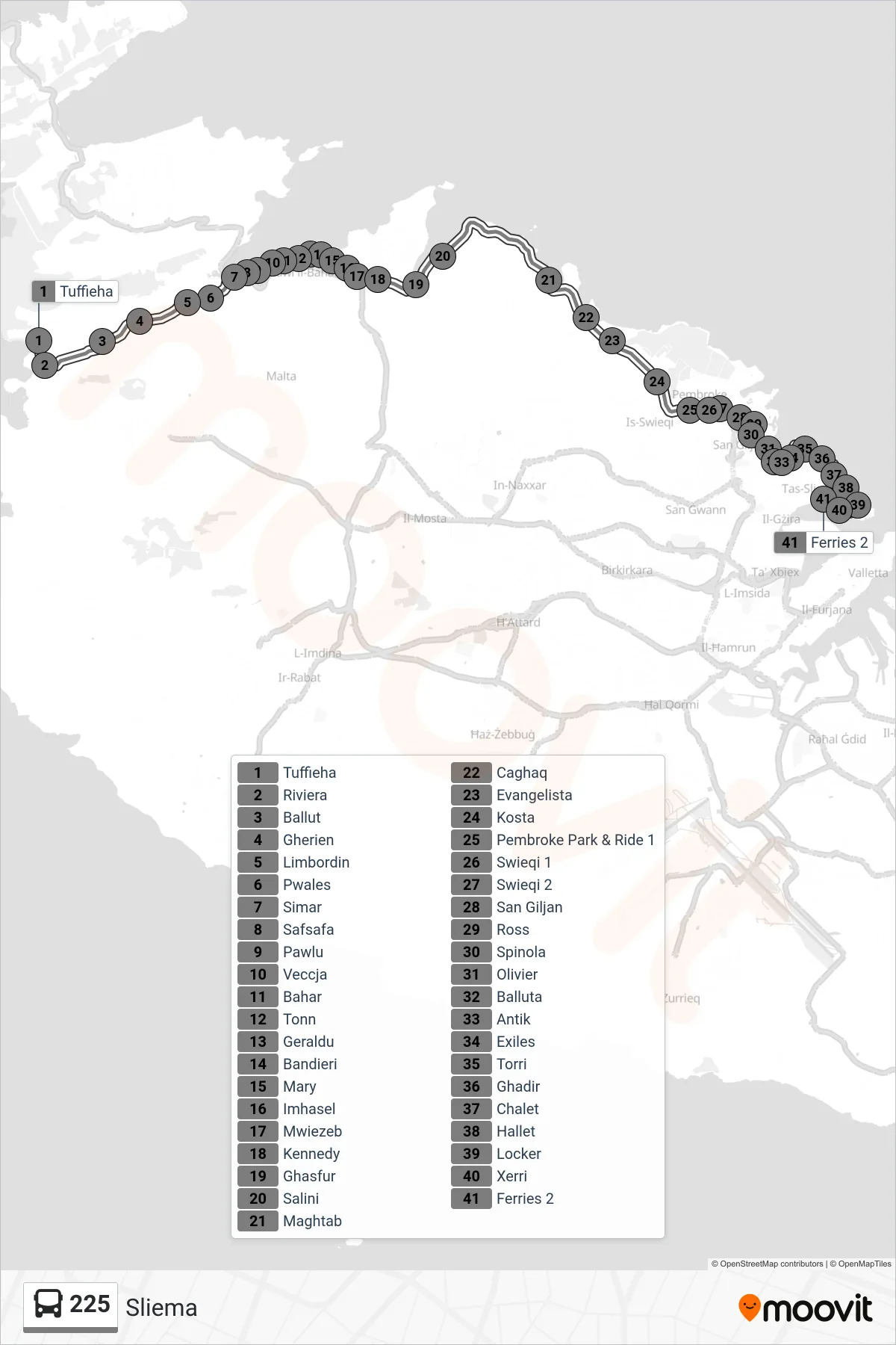 Linea 225 bus (Sliema) - Percorsi e fermate sulla mappa