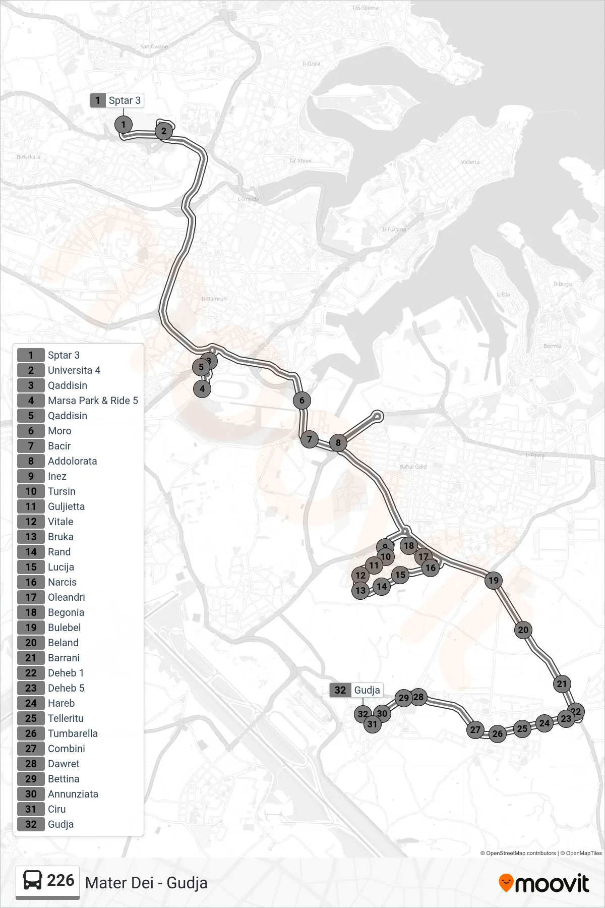 Linea 226 bus (Gudja) - Percorsi e fermate sulla mappa