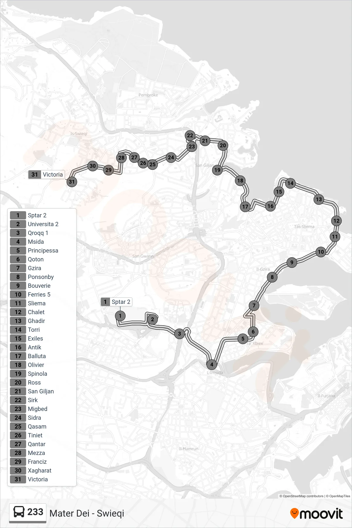 Linea 233 bus (Swieqi) - Percorsi e fermate sulla mappa