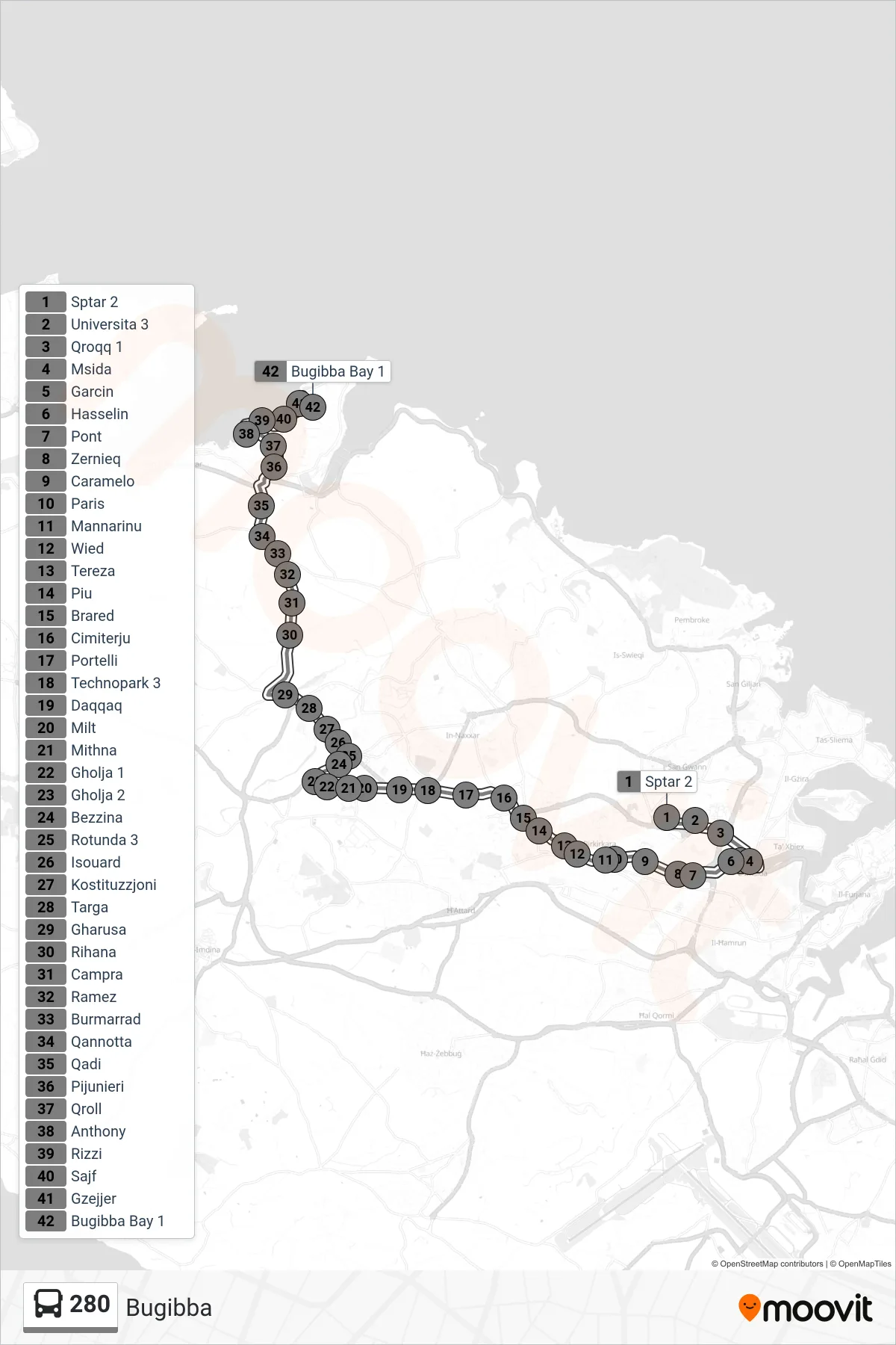 Linea 280 bus (Bugibba) - Percorsi e fermate sulla mappa