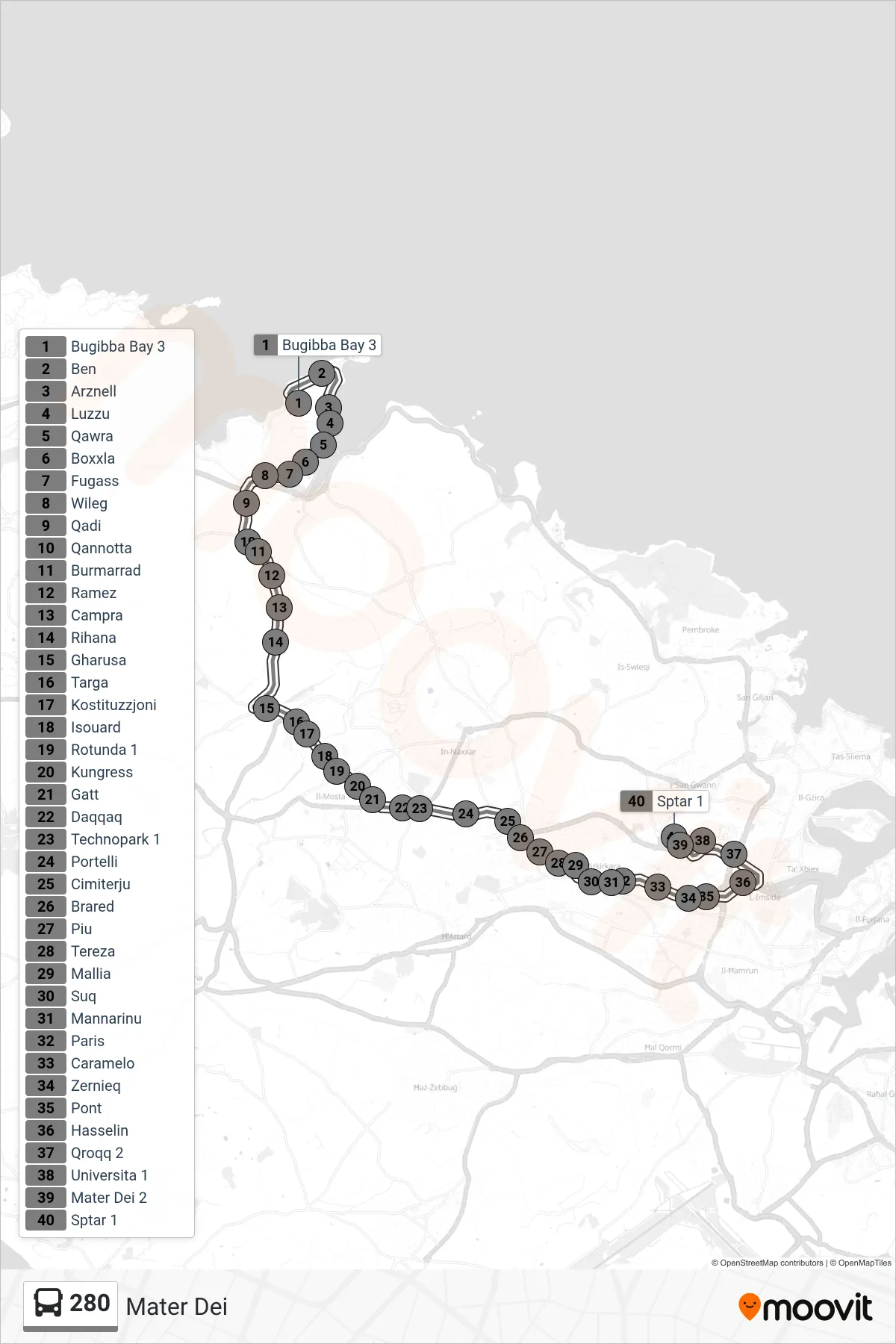 Linea 280 bus (Mater Dei) - Percorsi e fermate sulla mappa