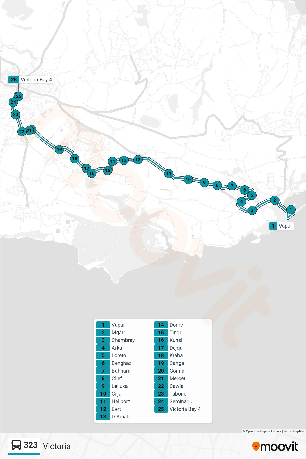 Linea 323 bus (Victoria) - Percorsi e fermate sulla mappa