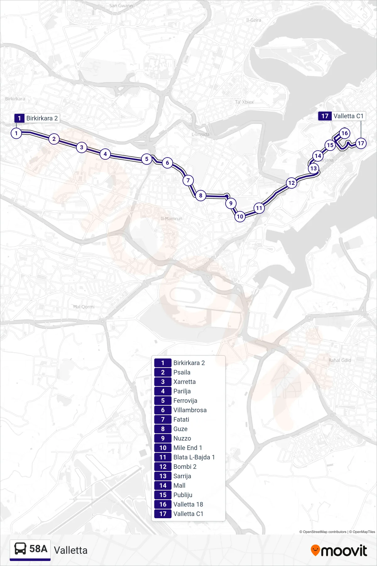 Linea 58A bus (Valletta) - Percorsi e fermate sulla mappa