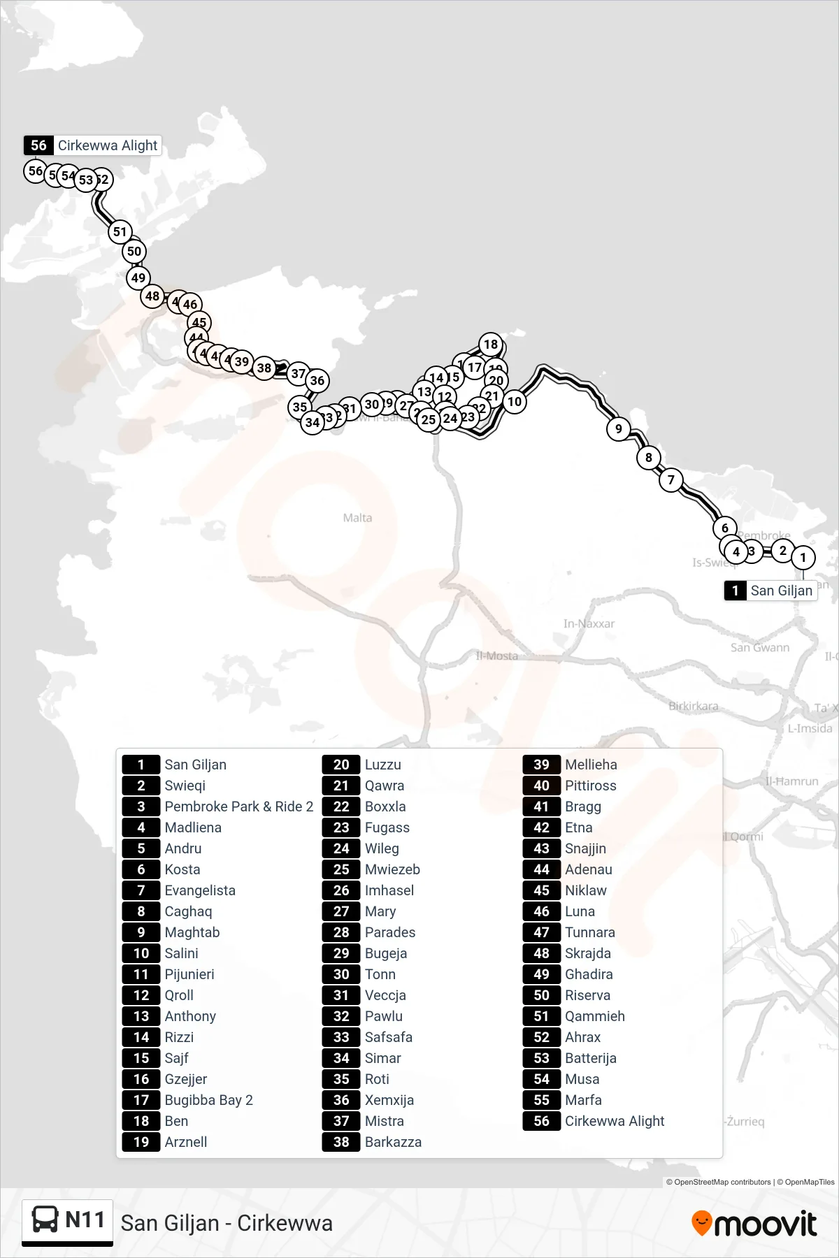 Linea N11 bus (Cirkewwa) - Percorsi e fermate sulla mappa
