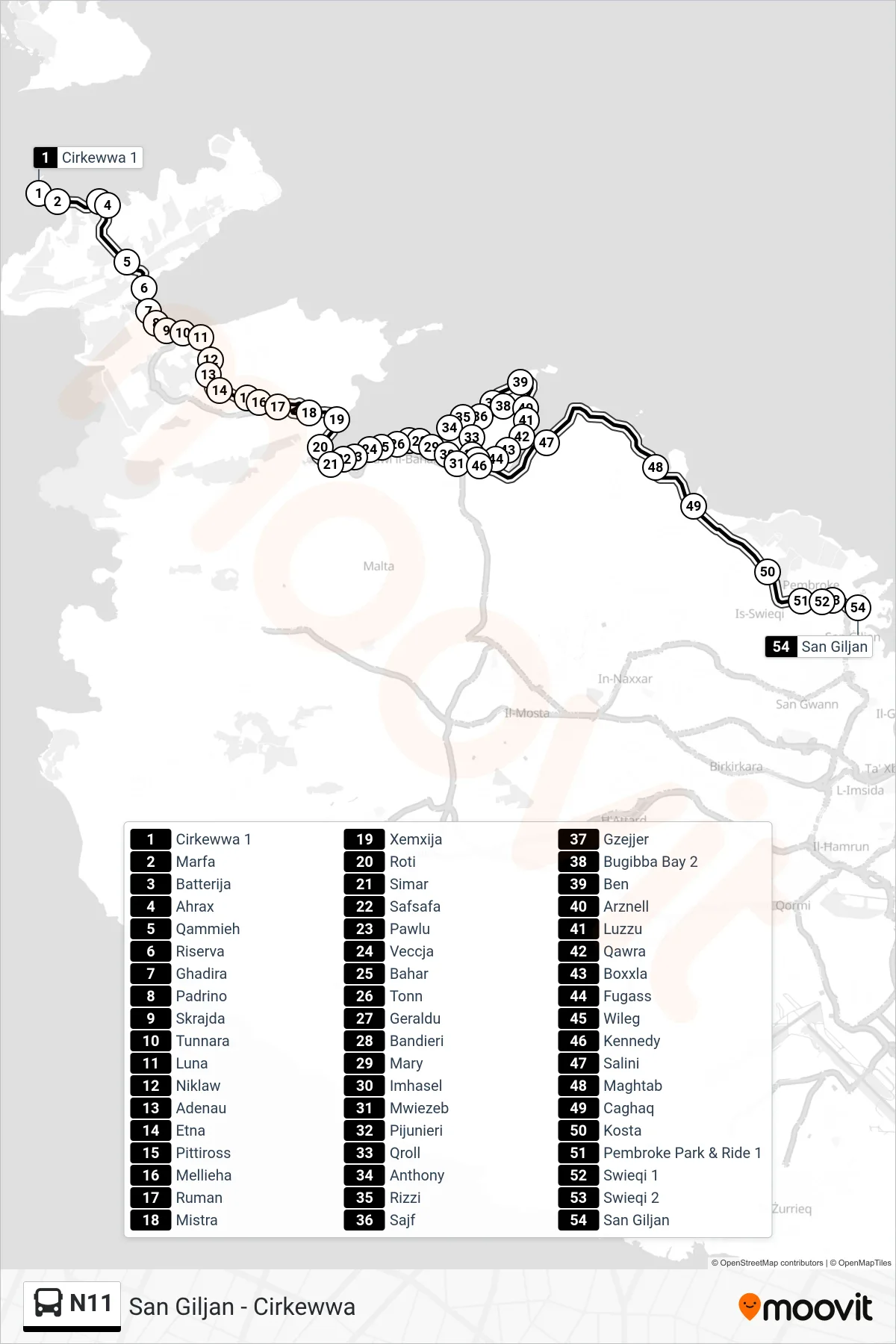 Linea N11 bus (San Giljan) - Percorsi e fermate sulla mappa