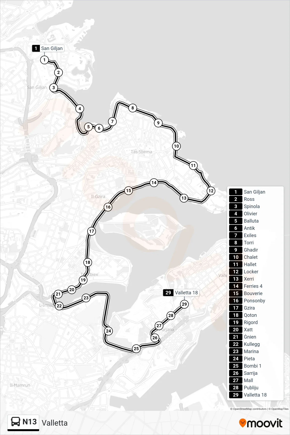 Linea N13  bus (Valletta) - Percorsi e fermate sulla mappa