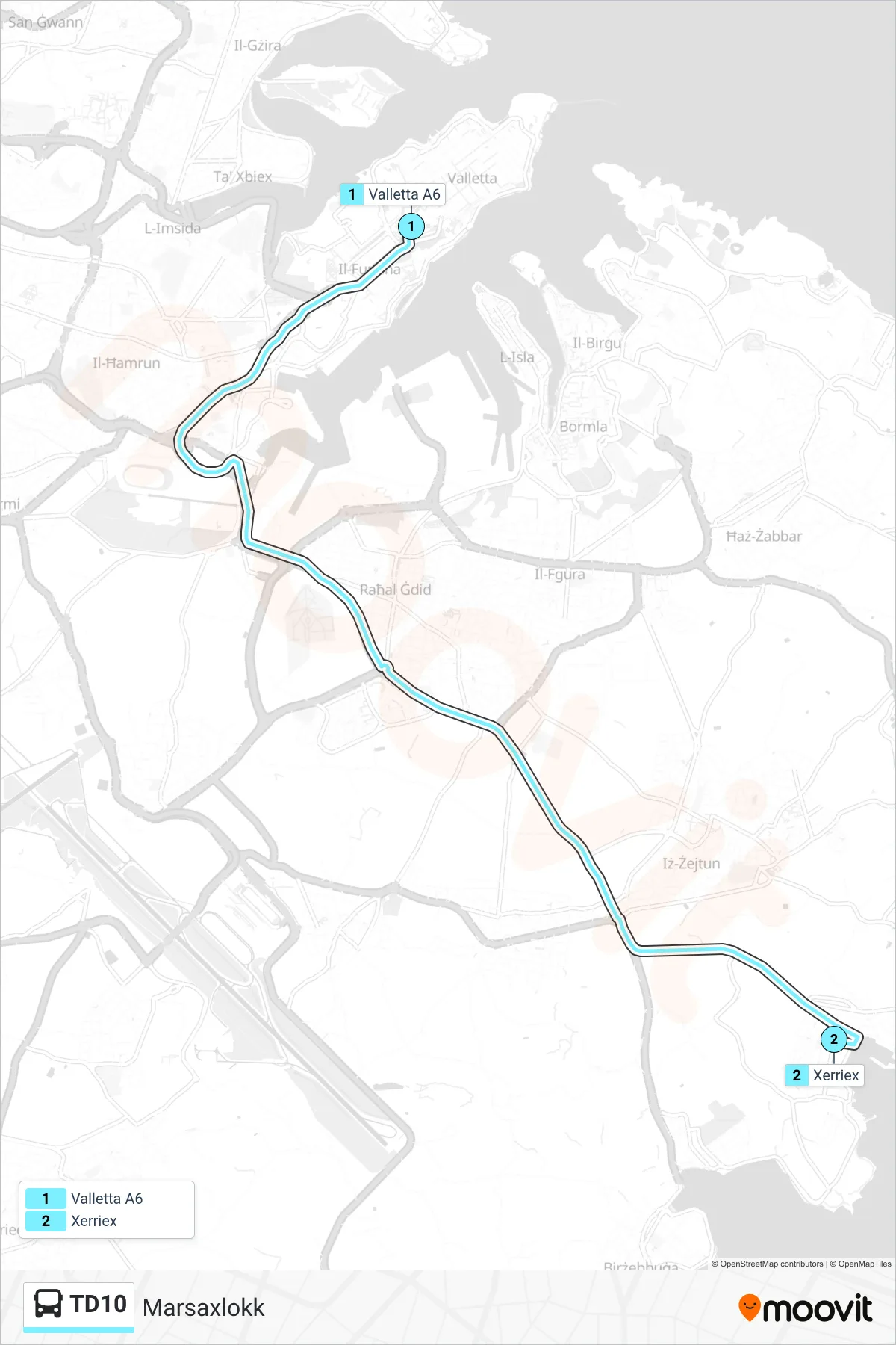 Linea TD10  bus (Marsaxlokk) - Percorsi e fermate sulla mappa