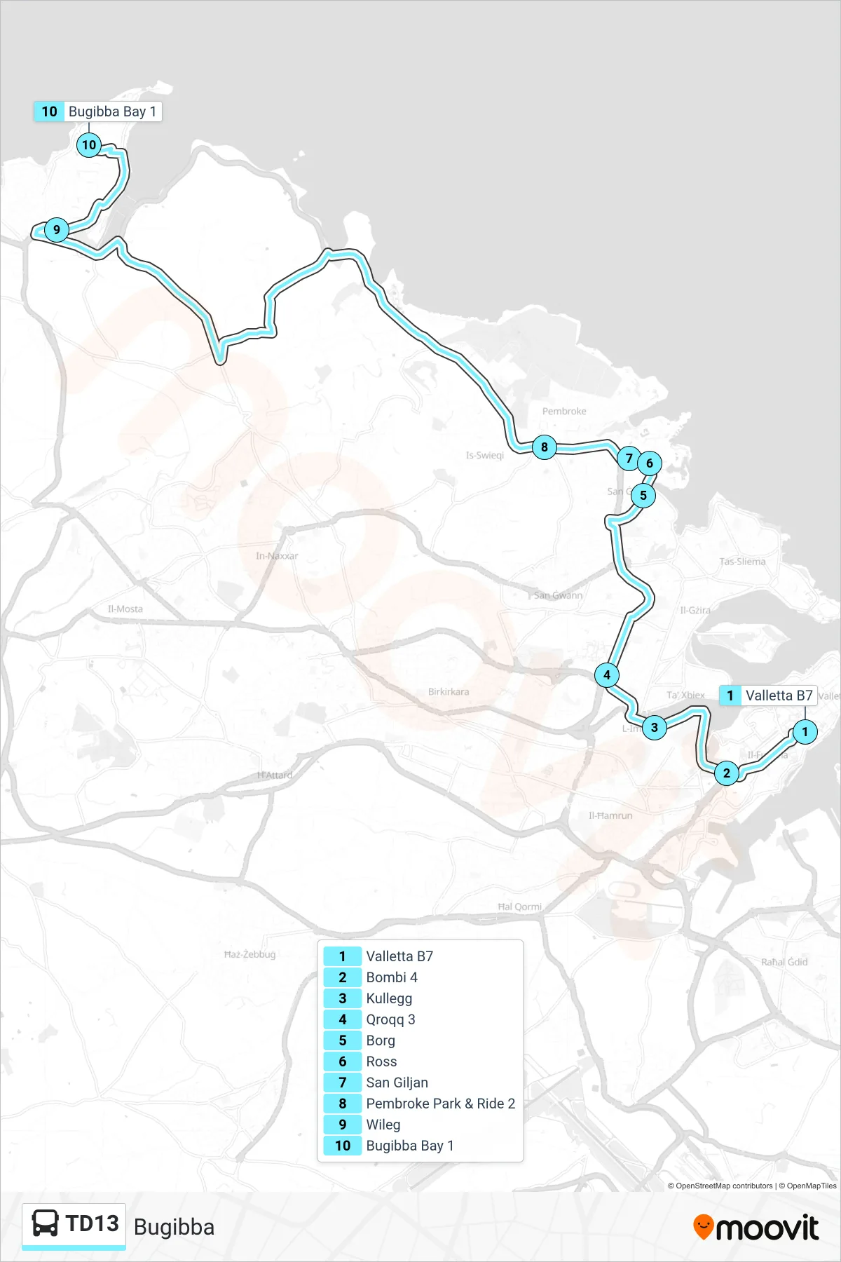 Linea TD13 bus (Bugibba) - Percorsi e fermate sulla mappa