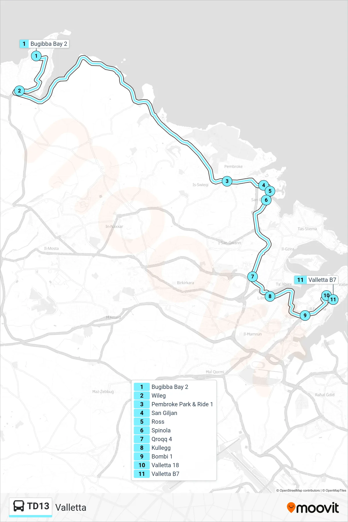 Linea TD13 bus (Valletta) - Percorsi e fermate sulla mappa