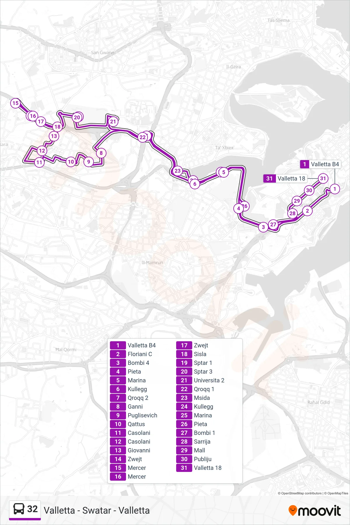 Linea 32 bus (Valletta Via Swatar) - Percorsi e fermate sulla mappa