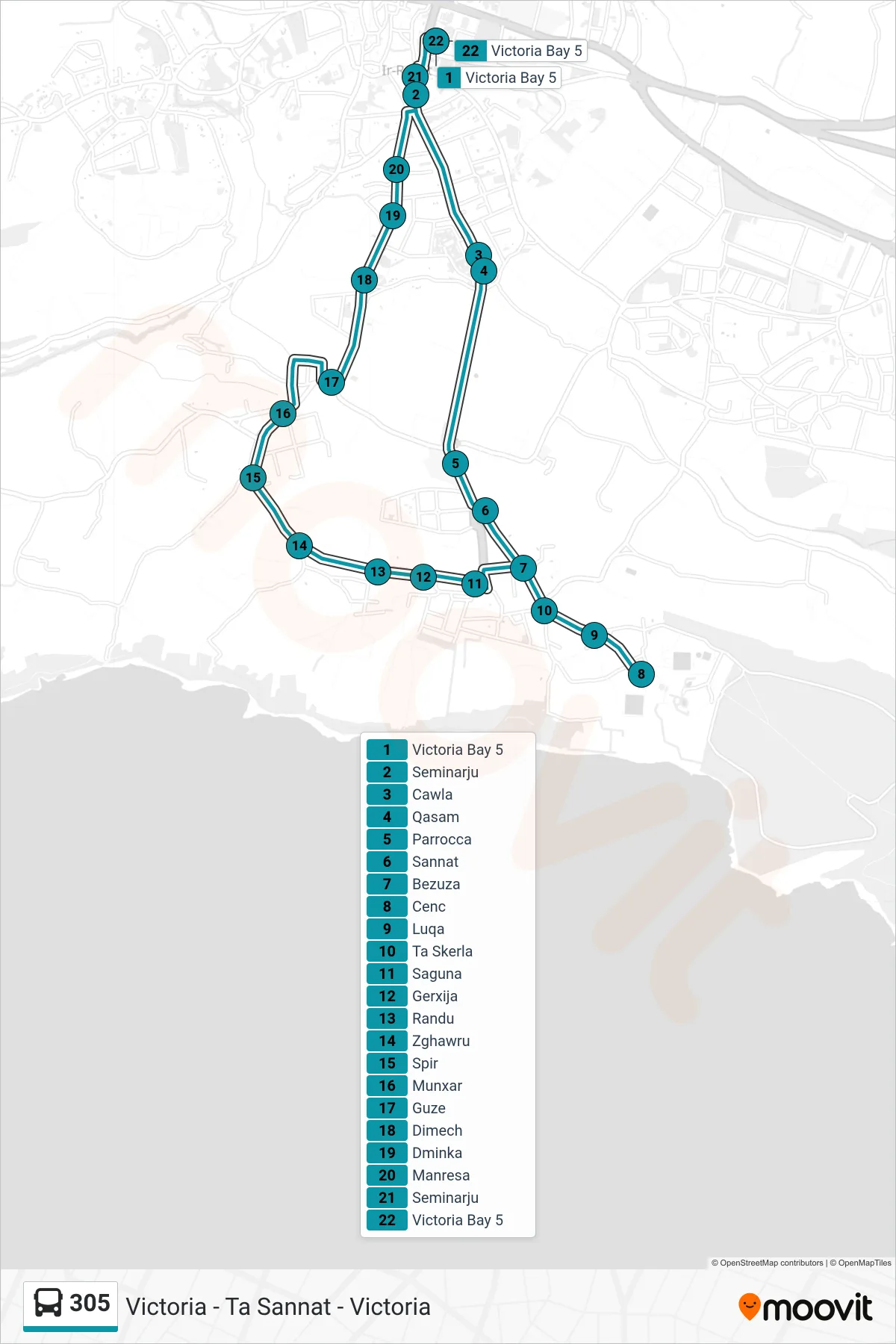 Linea 305 bus (Victoria - Ta Sannat - Victoria) - Percorsi e fermate sulla mappa
