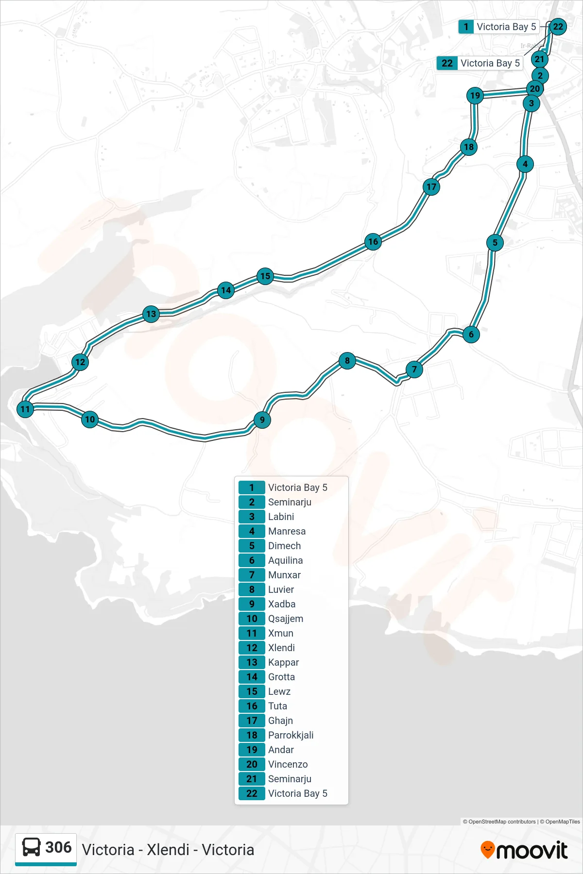 Linea 306 bus (Victoria - Xlendi - Victoria) - Percorsi e fermate sulla mappa