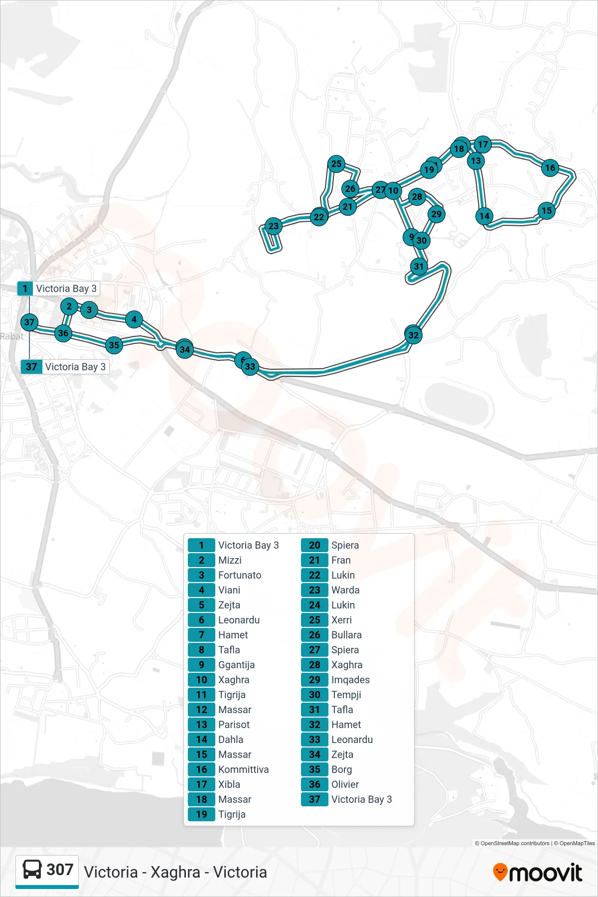 Linea 307  bus (Victoria - Xaghra - Victoria) - Percorsi e fermate sulla mappa