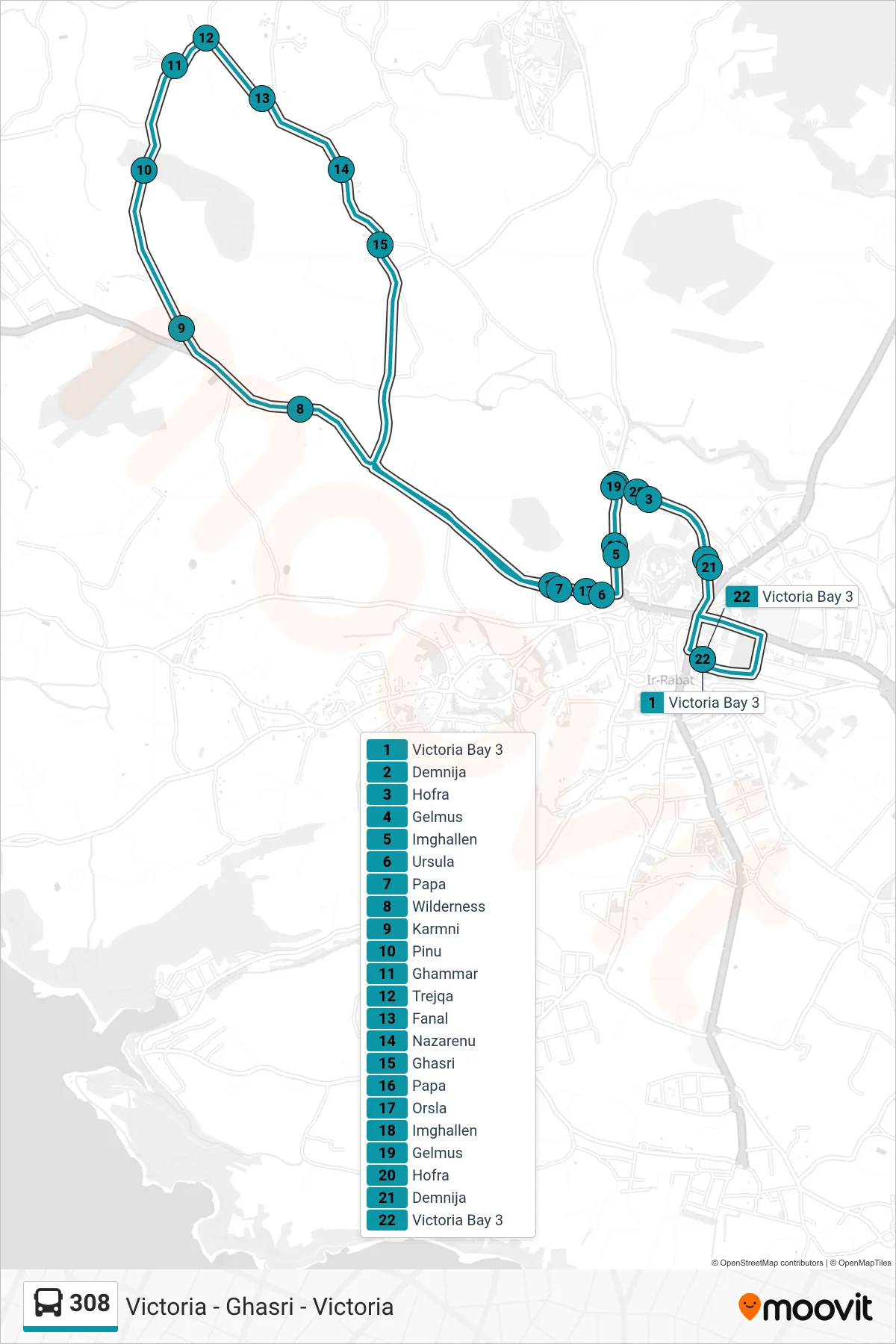 Linea 308 bus (Victoria - Ghasri - Victoria) - Percorsi e fermate sulla mappa