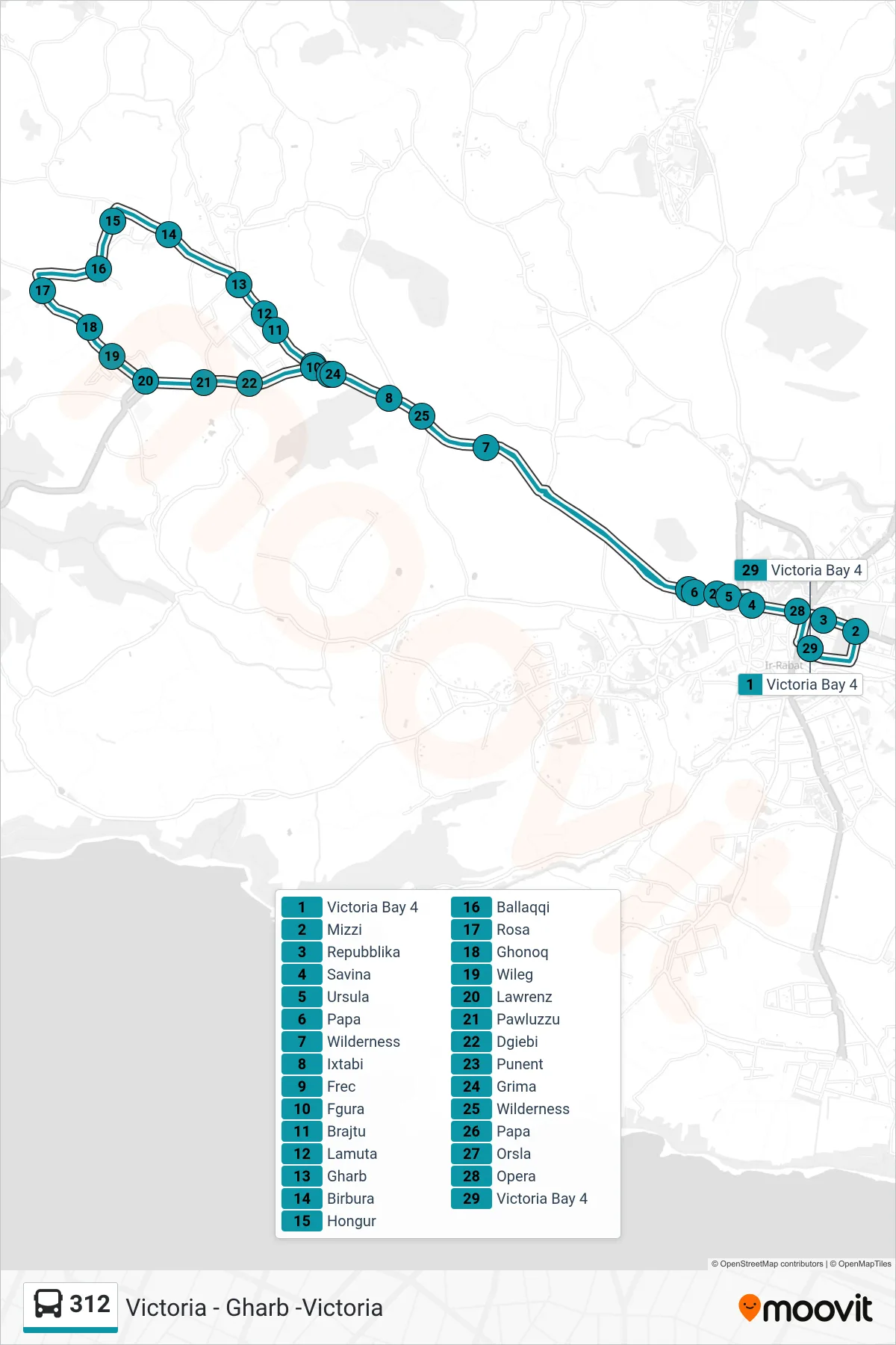 Linea 312 bus (Victoria - Gharb -Victoria) - Percorsi e fermate sulla mappa