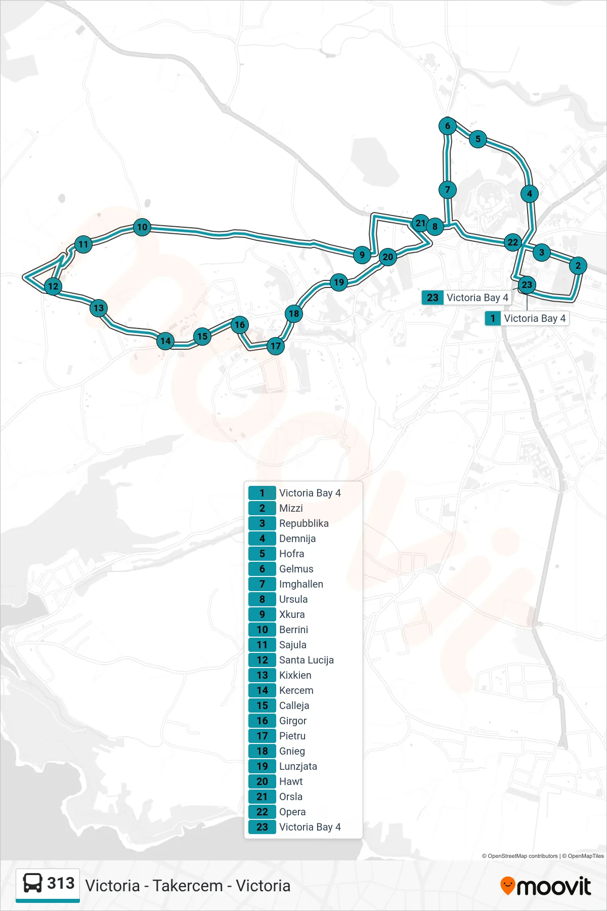 Linea 313  bus (Victoria - Takercem - Victoria) - Percorsi e fermate sulla mappa