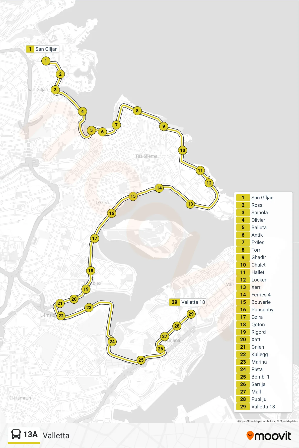 Linea 13A bus (Valletta) - Percorsi e fermate sulla mappa