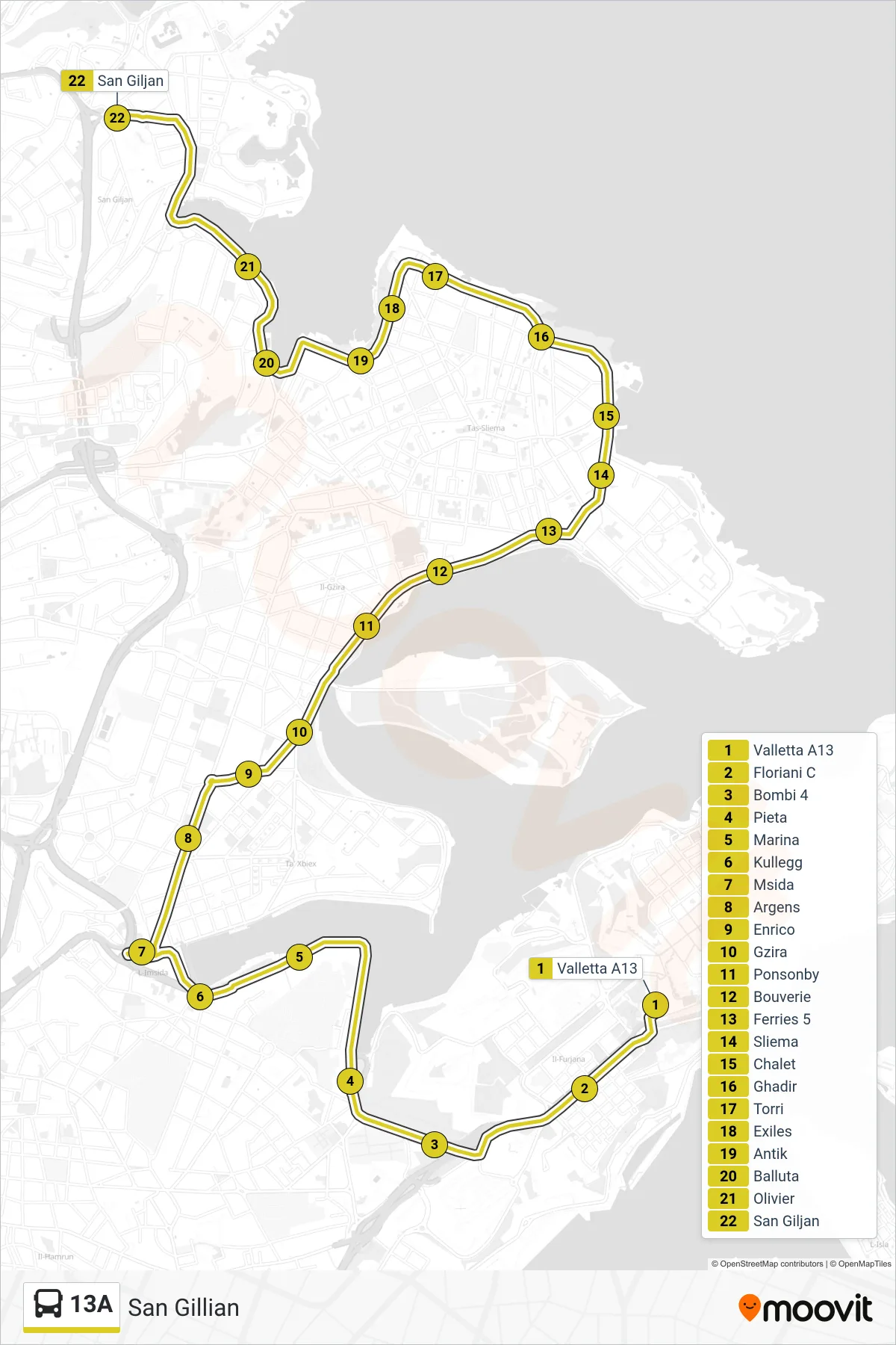 Linea 13A  bus (San Gillian) - Percorsi e fermate sulla mappa