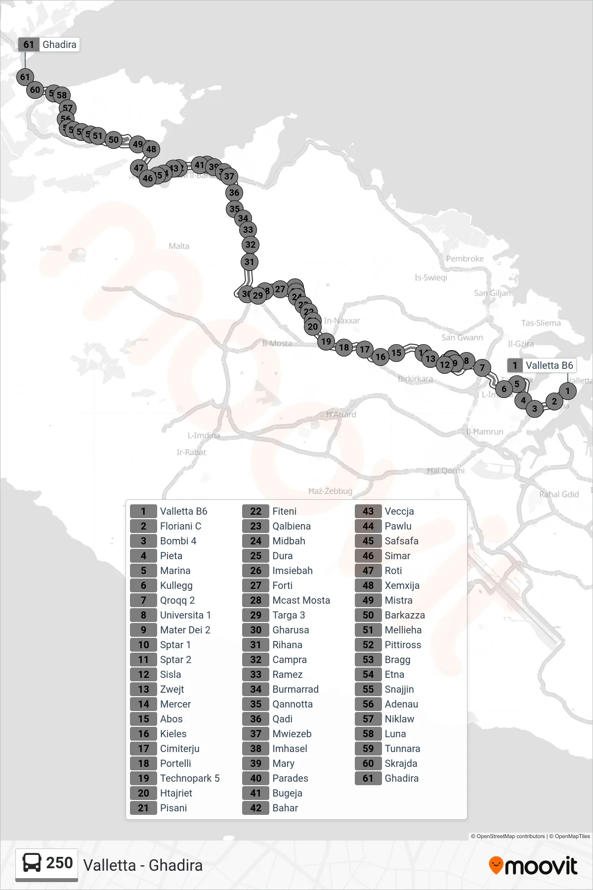 Linea 250 bus (Ghadira) - Percorsi e fermate sulla mappa