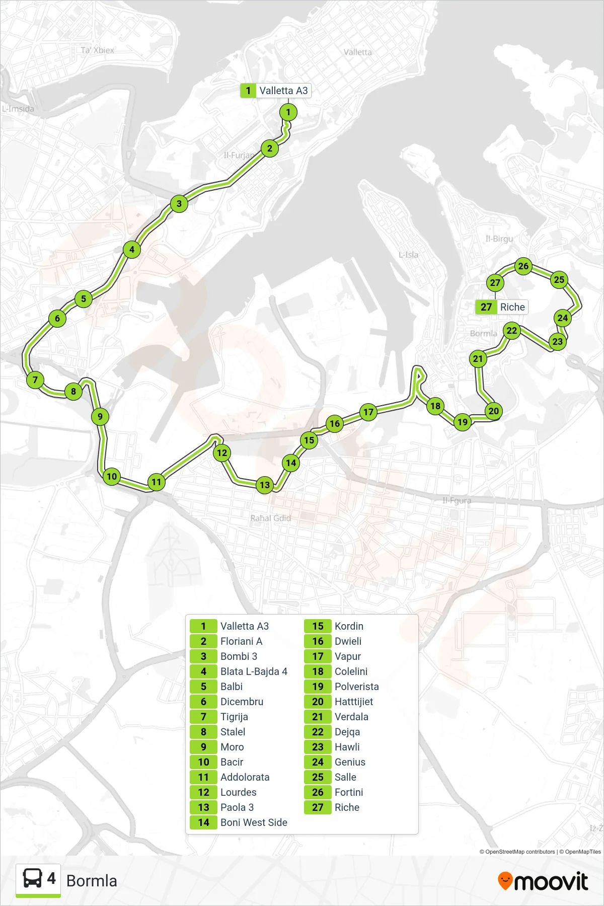 Linea 4 bus (Bormla) - Percorsi e fermate sulla mappa