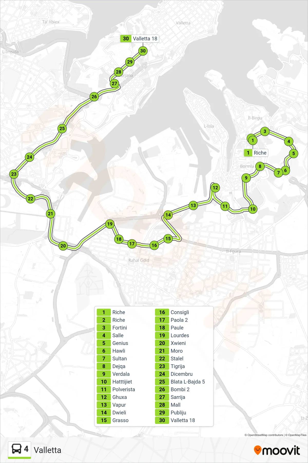 Linea 4 bus (Valletta) - Percorsi e fermate sulla mappa